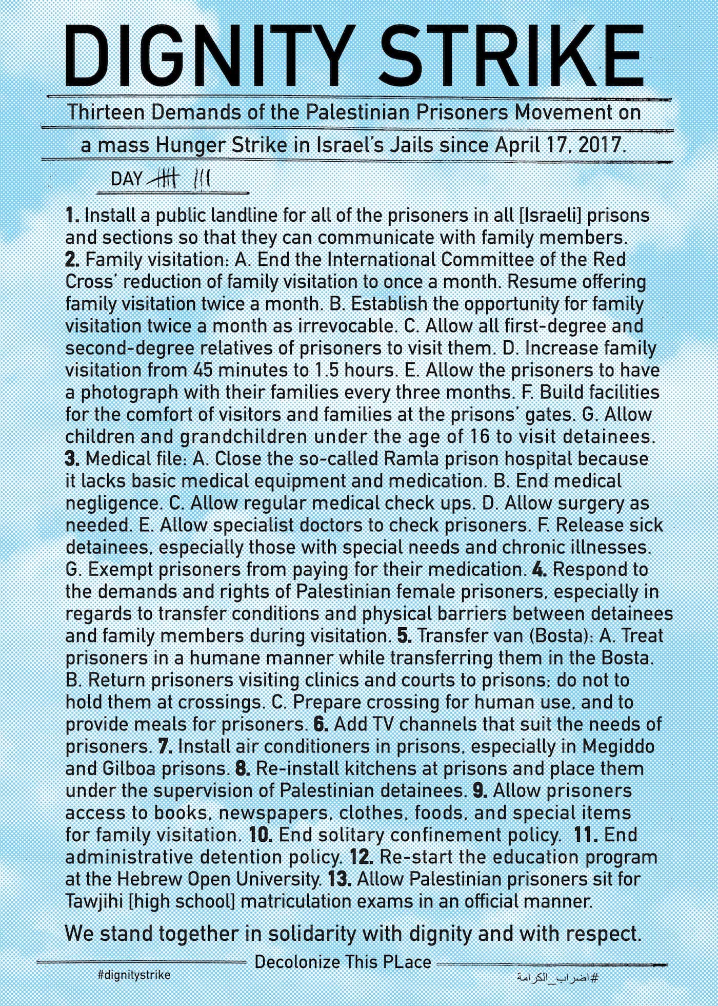 Dignity Strike demand poster (by and courtesy Decolonize This Place)