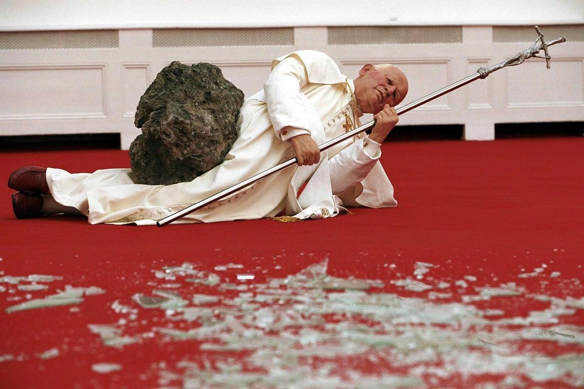 Still from <em>Maurizio Cattelan: Be Right Back</em>