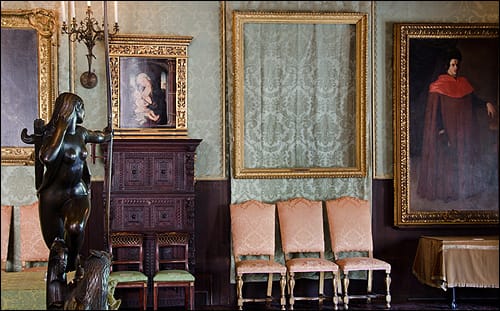 An empty frame where one of the stolen artworks once hung at the Isabella Stewart Gardner Museum (photo courtesy the FBI, via Wikimedia Commons)