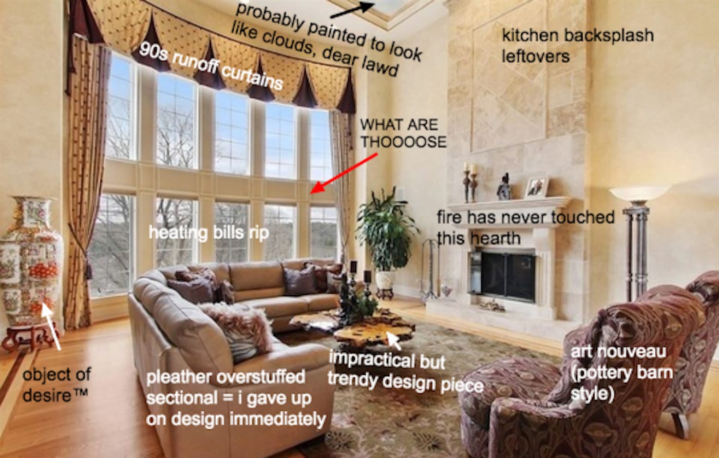 A McMansion Hell image: the Great Room McHenry County, Illinois (© Kate Wagner, mcmansionhell.com)