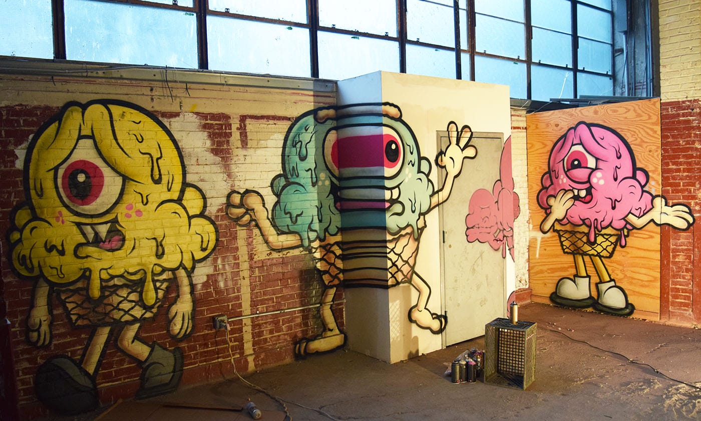 Partial view of a mural by Buff Monster at Market Surplus
