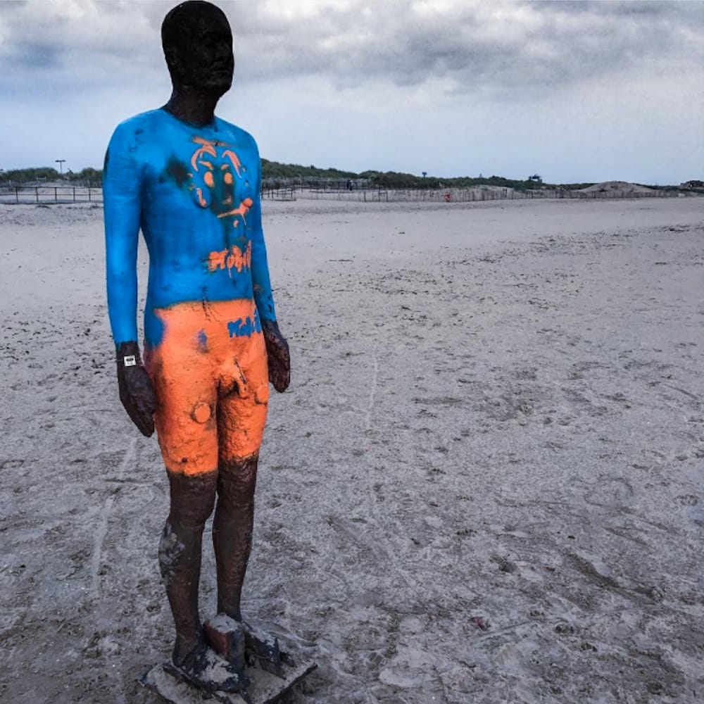 One of Antony Gormley's "Another Place" figures following the recent vandalism (photo by @chris_henry_photos/Instagram)