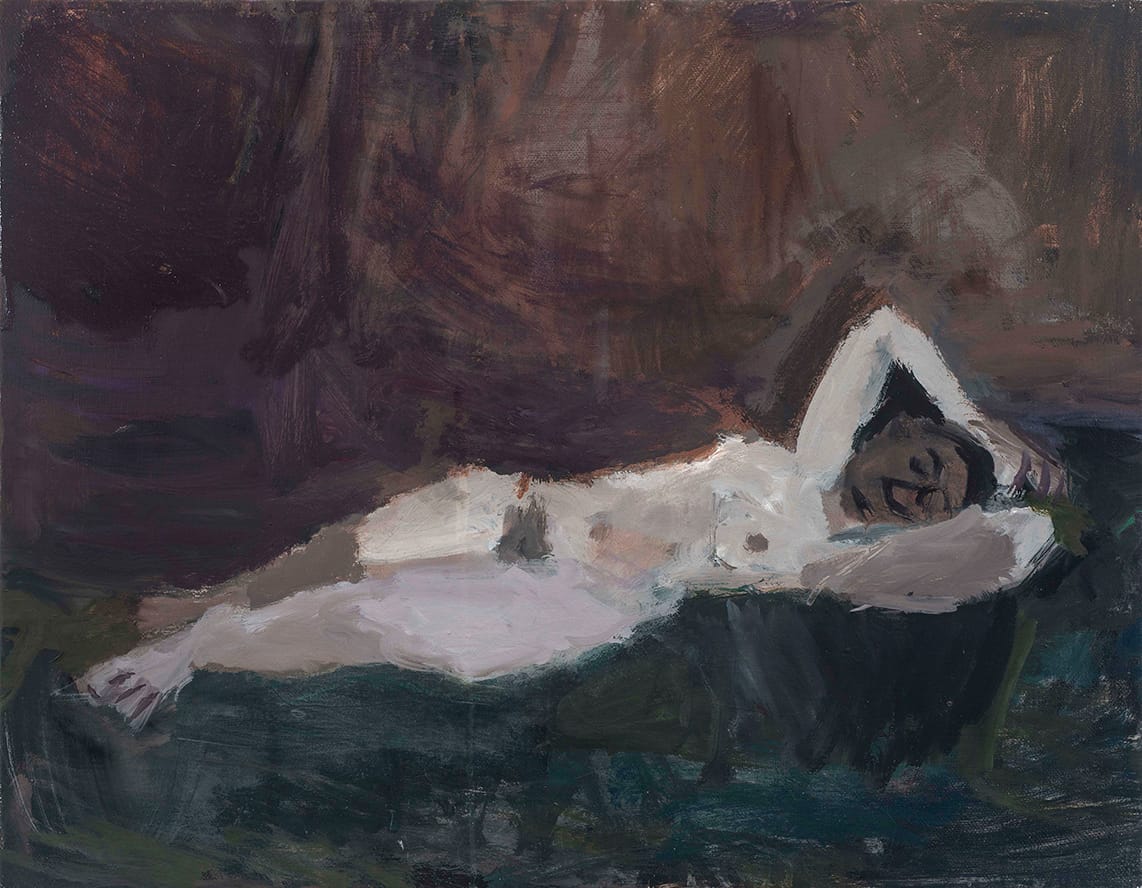 Janice Nowinski, "Reclining Nude" (2017), oil on canvas, 14 x 7 3/4 in (all images courtesy courtesy John Davis Gallery unless indicated otherwise)