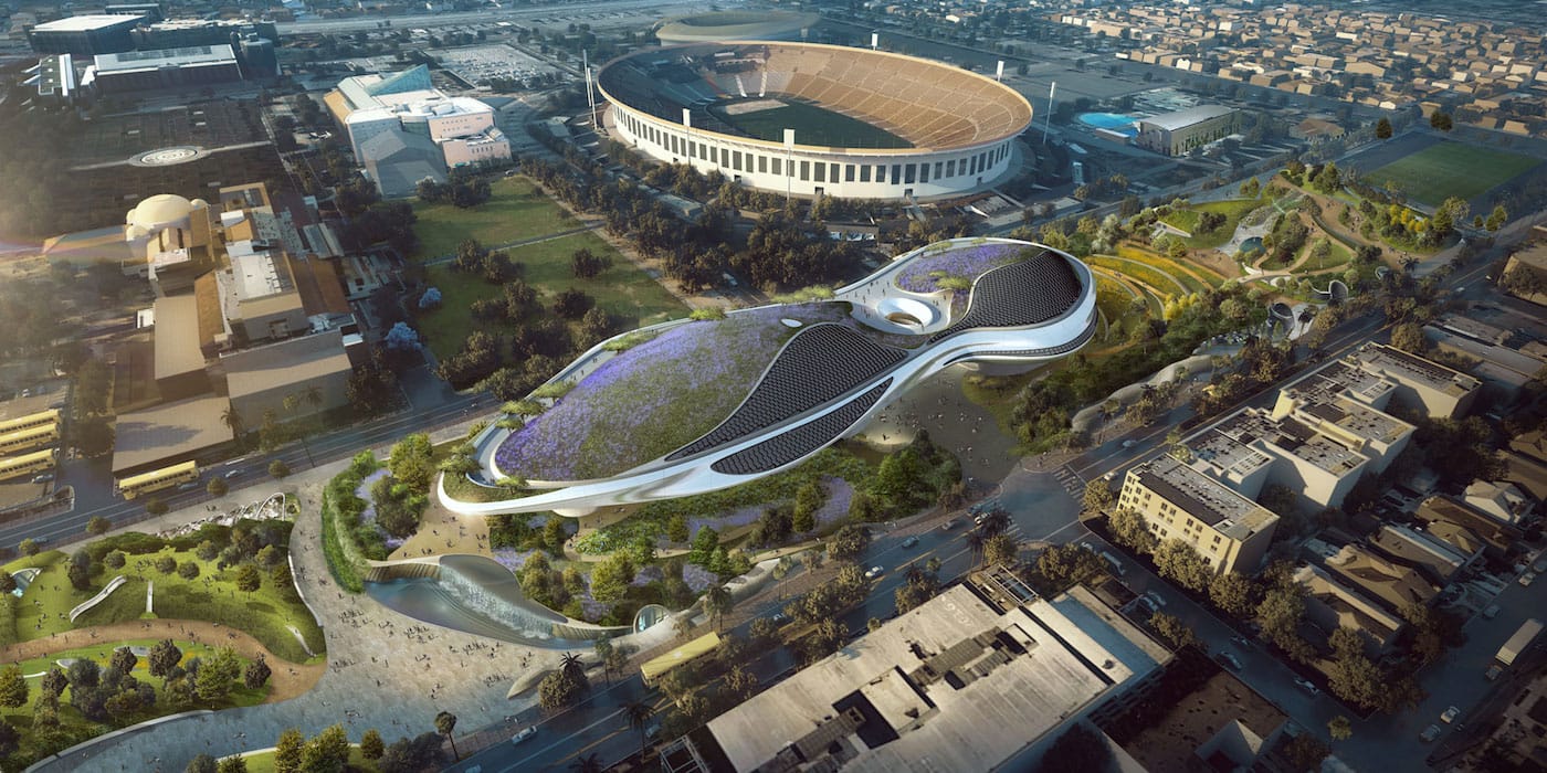 Rendering of the Lucas Museum of Narrative Art in Los Angeles (courtesy of Lucas Museum of Narrative Art, used under authorization, all rights reserved)