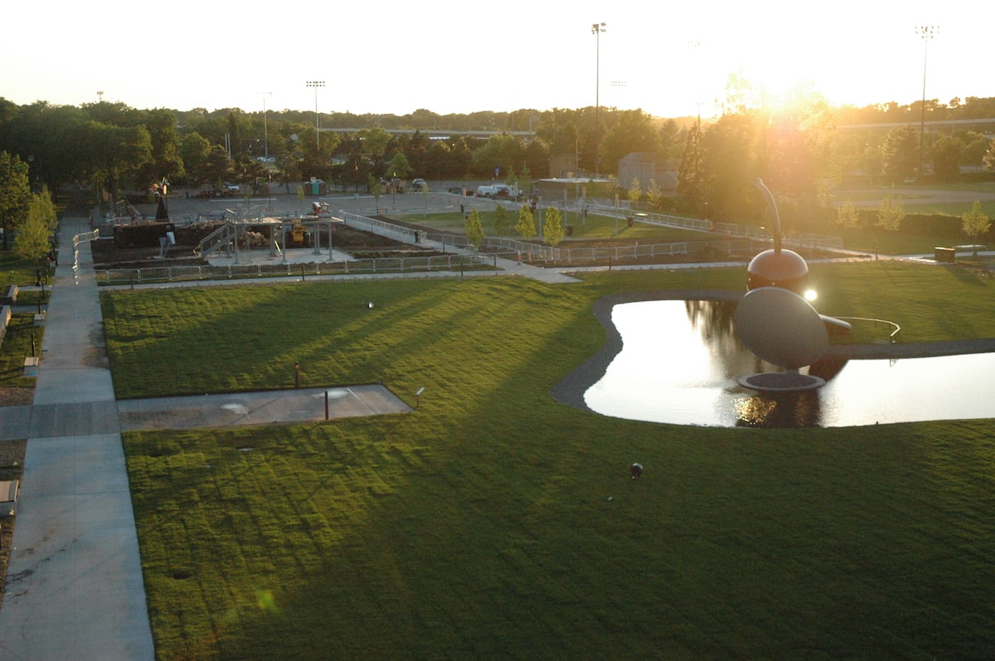 The Minneapolis Sculpture Garden at sunset on Friday, with the remnants of Sam Durant's "Scaffold" on the left