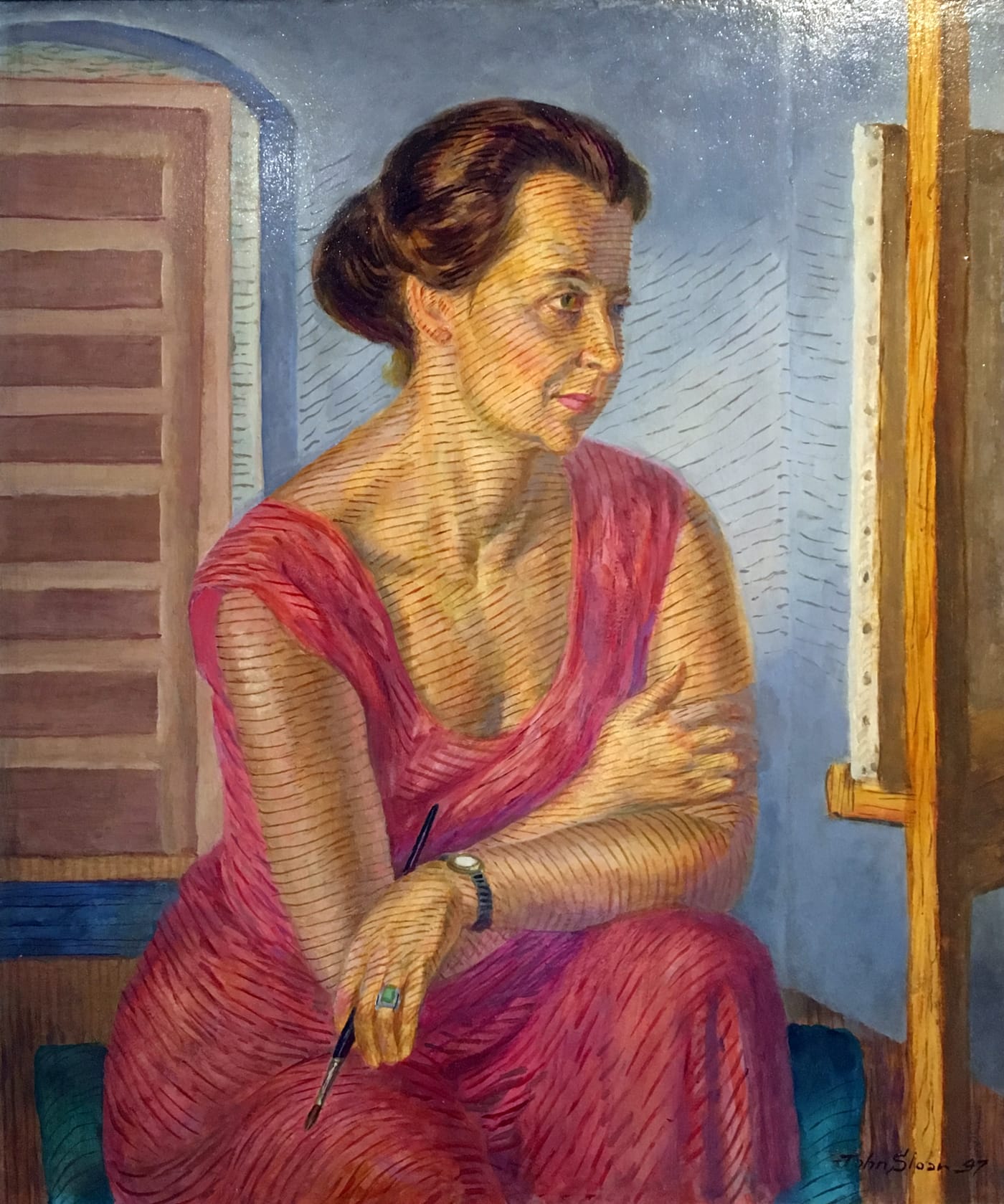 John Sloan, "Helen at the Easel" (1947), casein tempera underpaint, and oil-varnish glaze on panel (some Shiva Ponsol colors used), gift of the John Sloan Trust