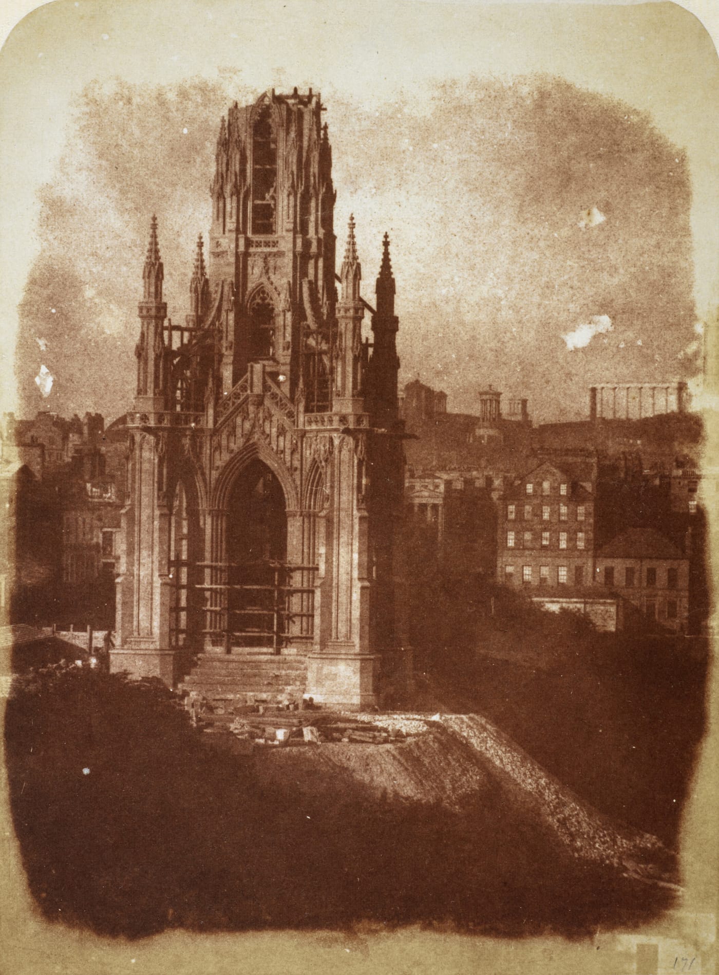 David Octavius Hill and Robert Adamson, "The Sir Walter Scott Monument under Construction" (1843), calotype print (courtesy Scottish National Portrait Gallery)