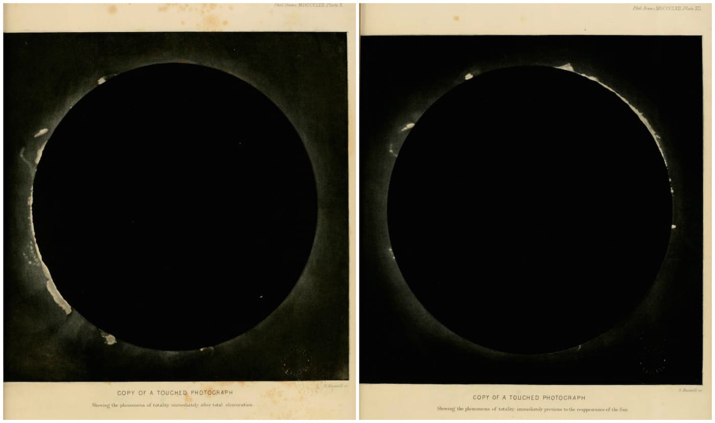 Two photographs by Warren De la Rue of the July 18, 1860 total solar eclipse, observed at Rivabellosa, Spain (via Wellesley College Library/Internet Archive)