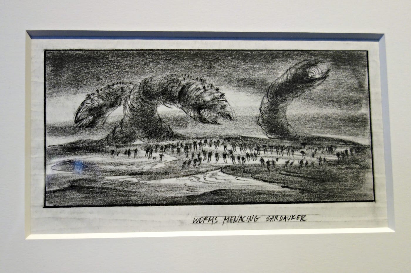 De Laurentiis, series of three Sandworm battle storyboards for the film <em>Dune</em> (1984), pencil on vellum adhered to board (photo by the author for Hyperallergic)