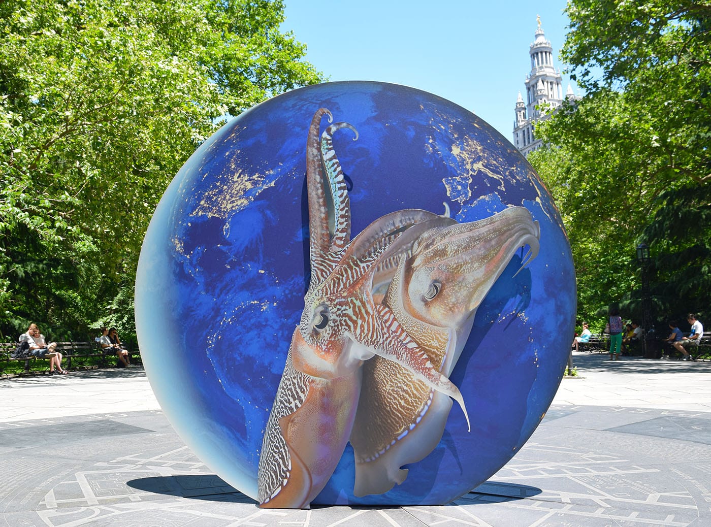 Katja Novitskova, "Earth Potential (Cuttlefish Love, Earth)" (2017), digital print on aluminum, cut out display, steel and aluminum armature