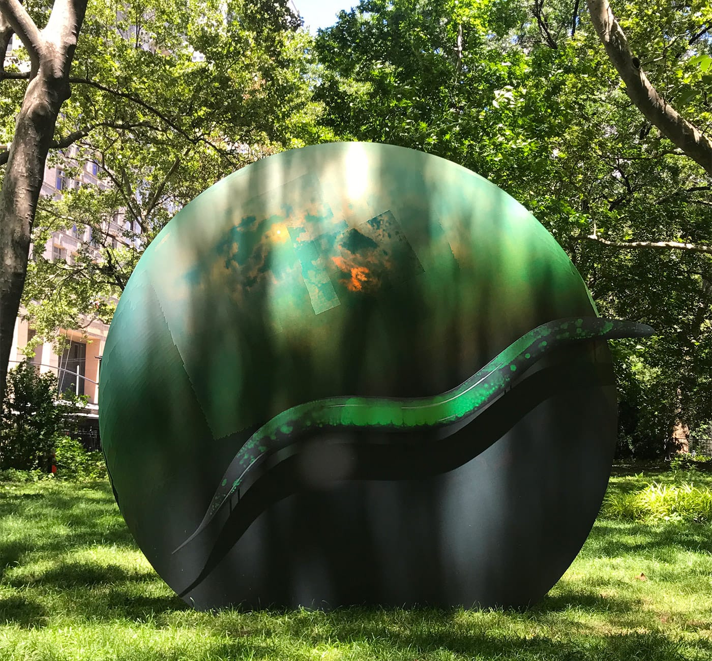 Katja Novitskova, "Earth Potential (C. elegans, Saturn's Moon Titan)" (2017), digital print on aluminum, cut out display, steel and aluminum armature
