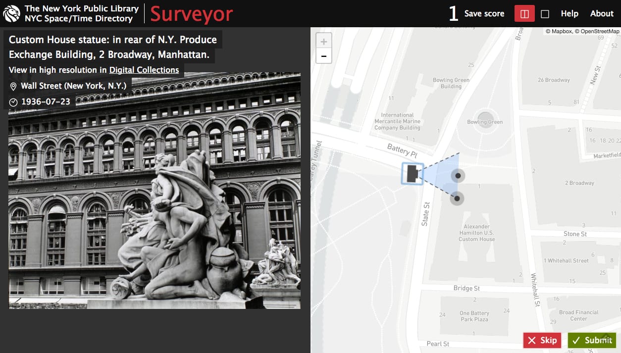 The New York Public Library Space/Time Directory's Surveyor (screenshot by the author for Hyperallergic)