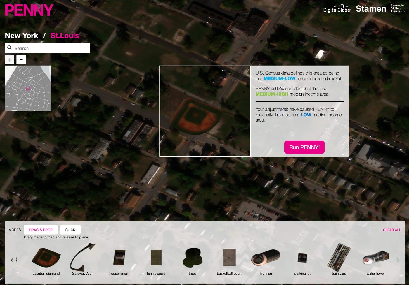 Adding a baseball diamond to a St. Louis lot on the Penny artificial intelligence map system (all screenshots by the author for Hyperallergic)