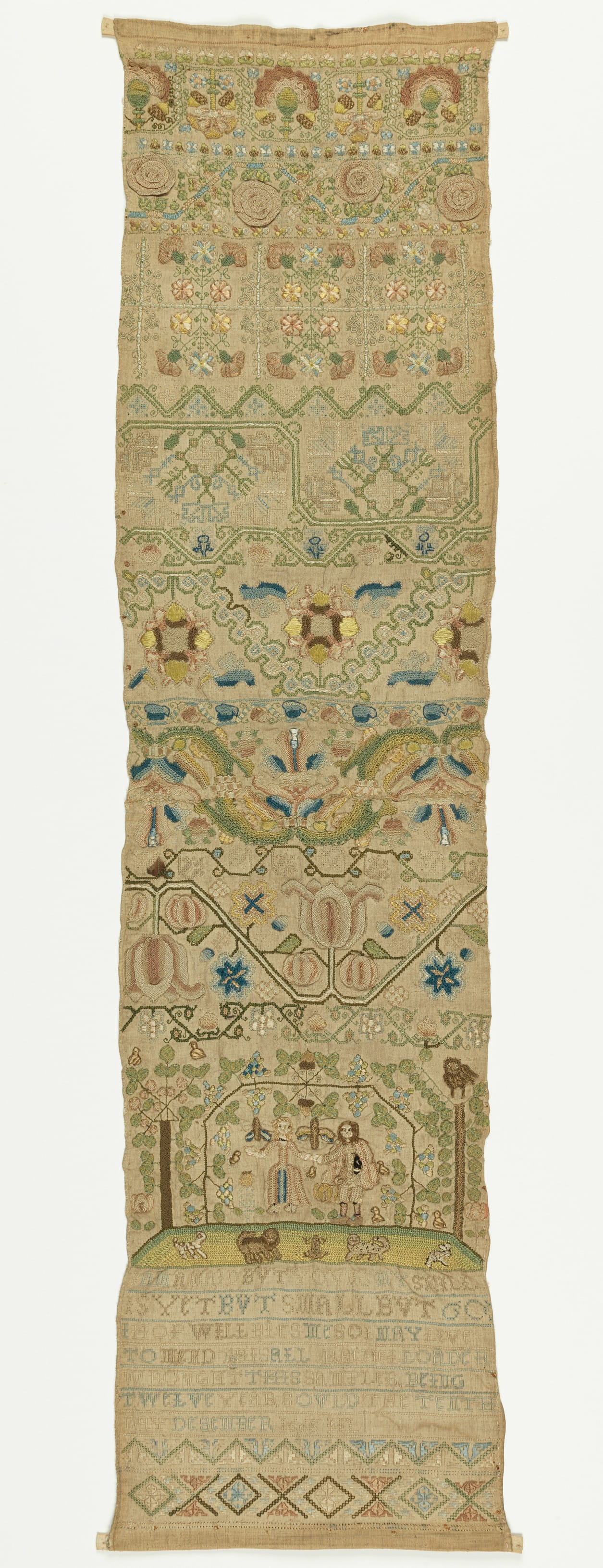 Band sampler (1666), inscribed "Rachel Loader" (© The Fitzwilliam Museum, University of Cambridge)