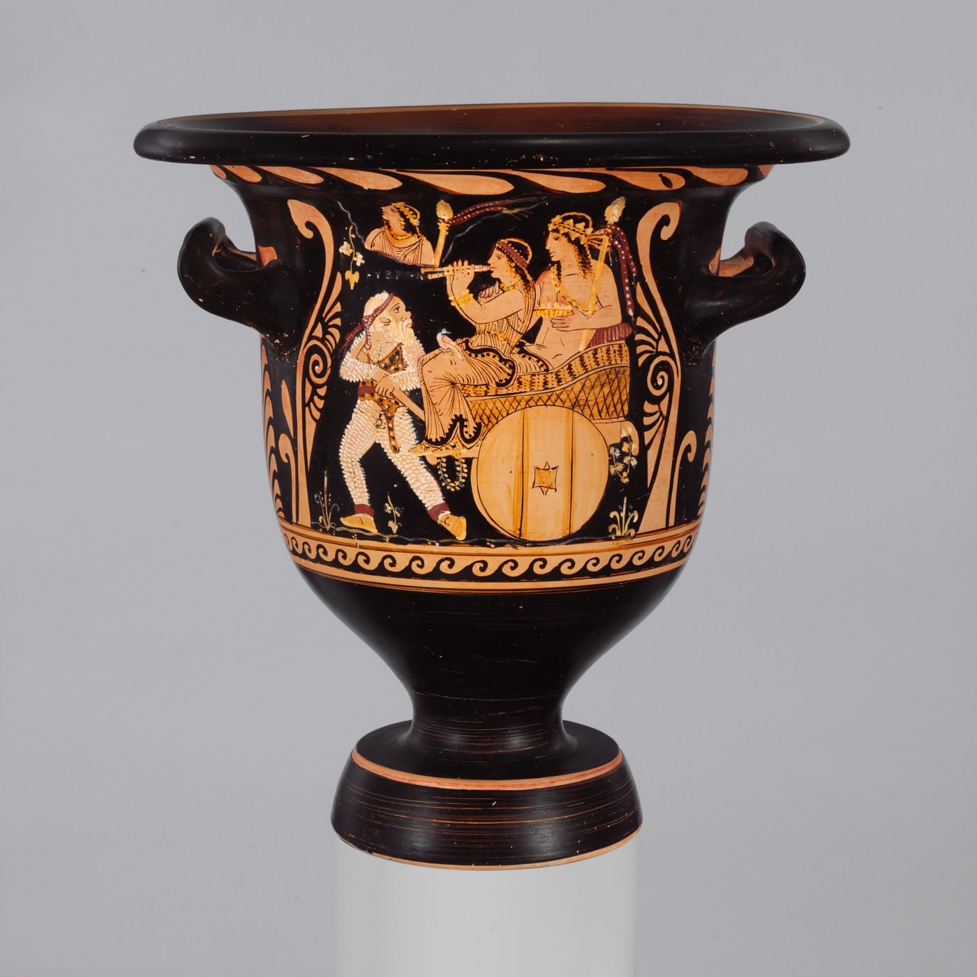 Terracotta bell-krater (mixing bowl) attributed to Python; Late Classical (ca 360–350 BCE) Greek, South Italian, Paestan; terracotta; red-figure, diameter 14 1/2 in (image © The Metropolitan Museum of Art)