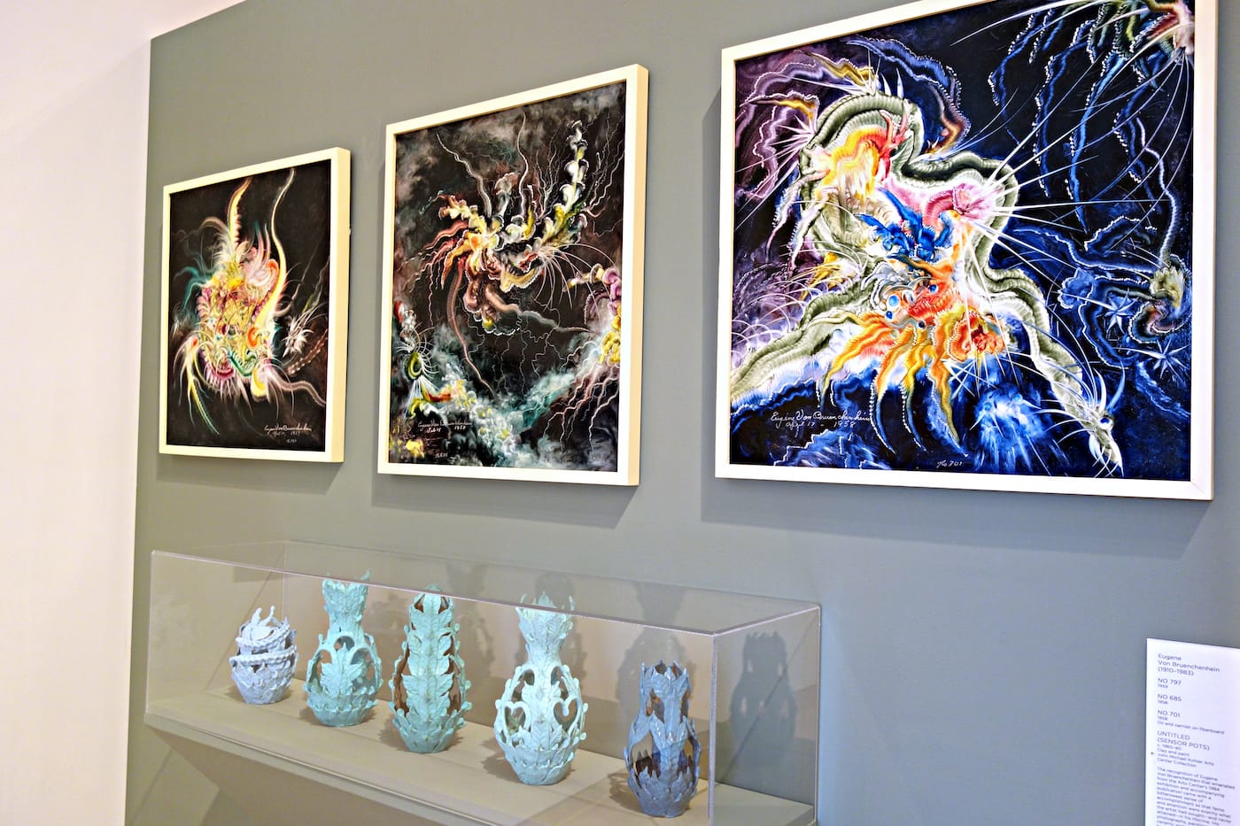 Installation view of <em>Mythologies: Eugene von Bruenchenhein</em> at the John Michael Kohler Arts Center (photo by the author for Hyperallergic)