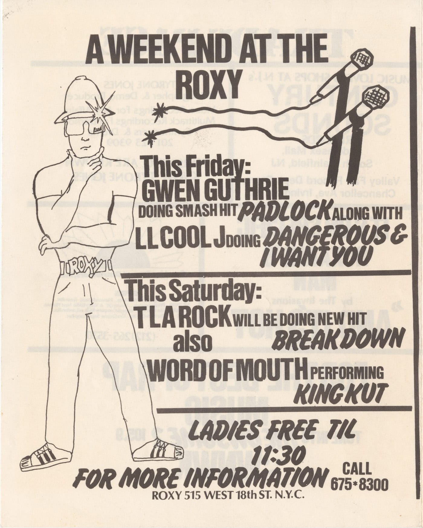 Concert poster featuring Gwen Guthrie, LL Cool J, TLA Rock, and Word of Mouth (courtesy the Cornell Hip Hop Collection)