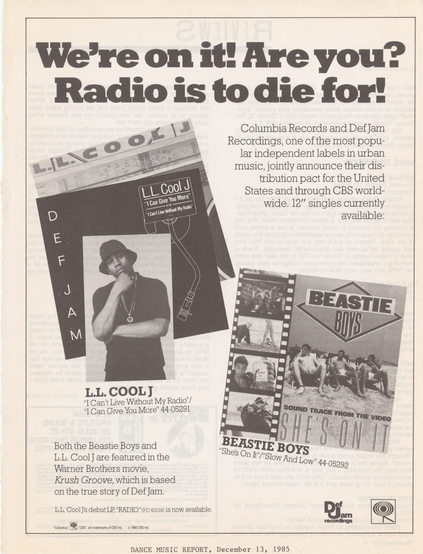 Ad for Def Jam in <em>Dance Music Report</em> (December 13, 1985) (courtesy Cornell University Hip Hop Collection)