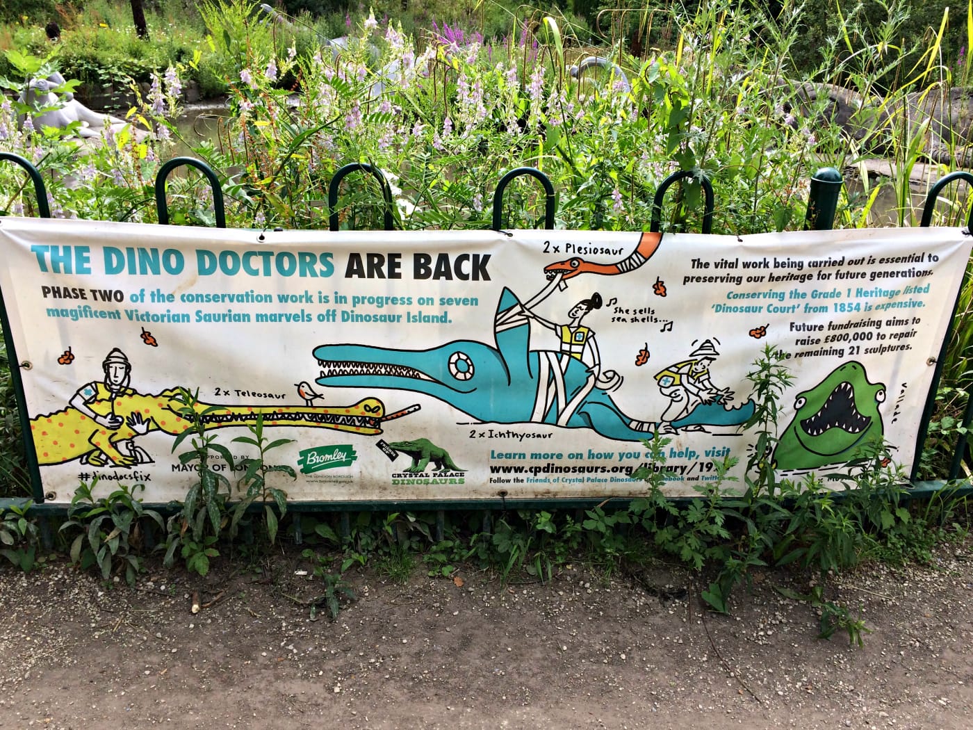 Dinosaur sculptures in Crystal Palace Park, London (photo by the author for Hyperallergic)