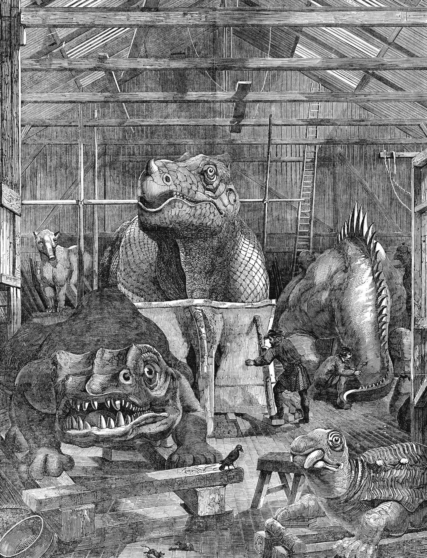 Benjamin Waterhouse Hawkins's studio in Sydenham, where the Crystal Palace dinosaurs were made (1853) (via Wikimedia)
