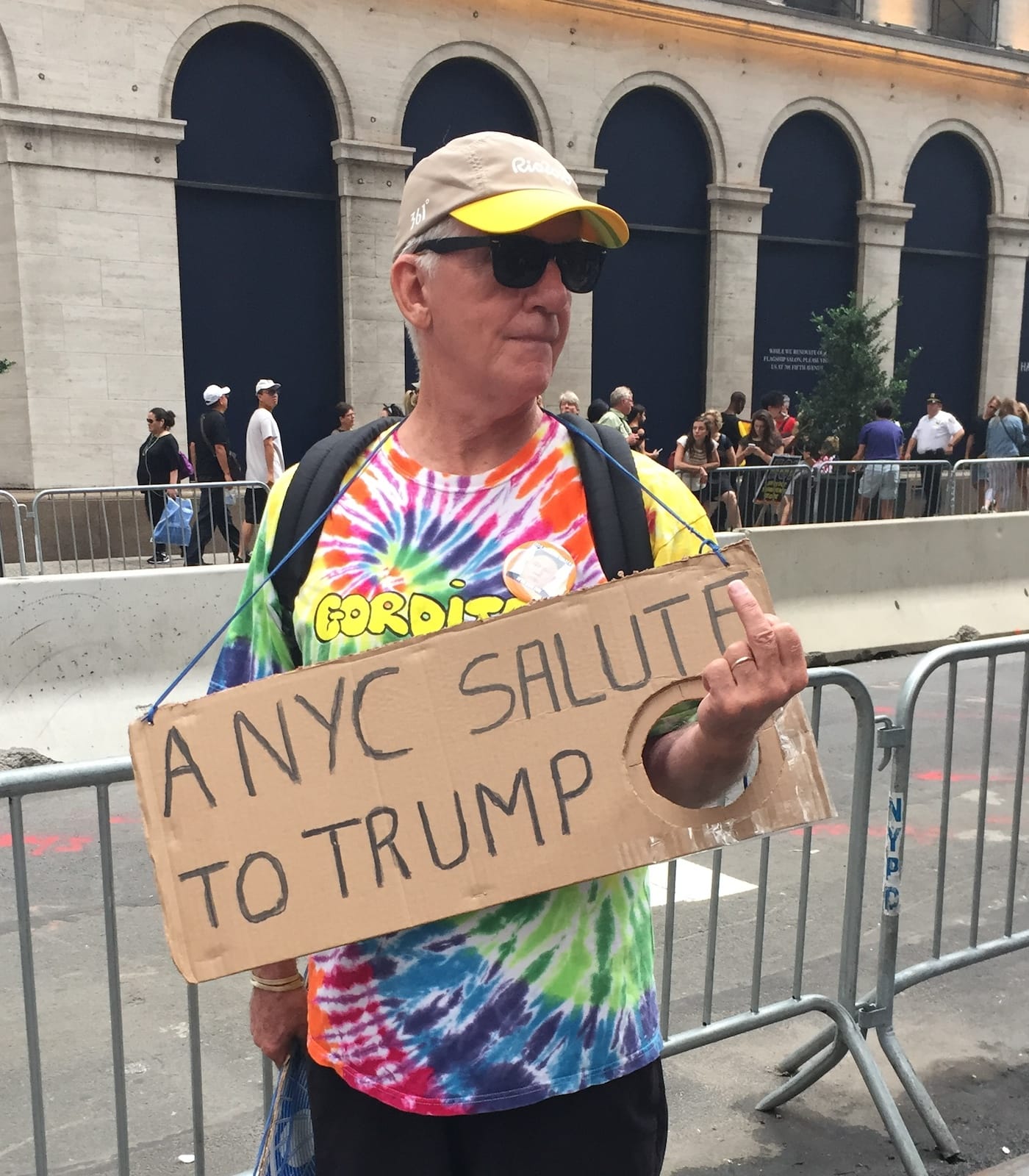 A protester at Trump Tower on Monday, August 14