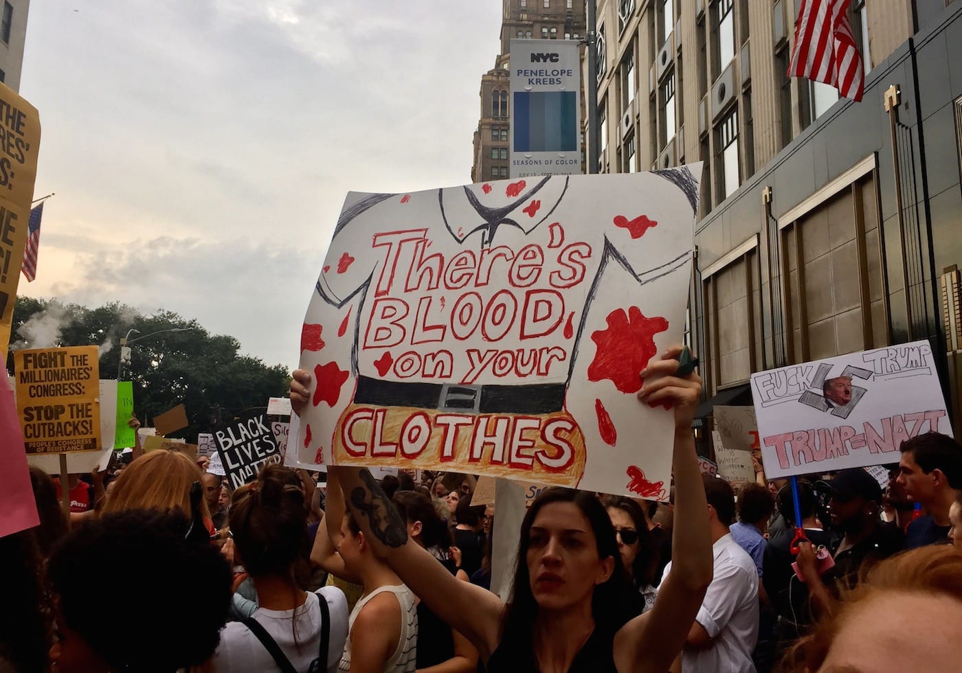 Protesters at Trump Tower on Monday, August 14