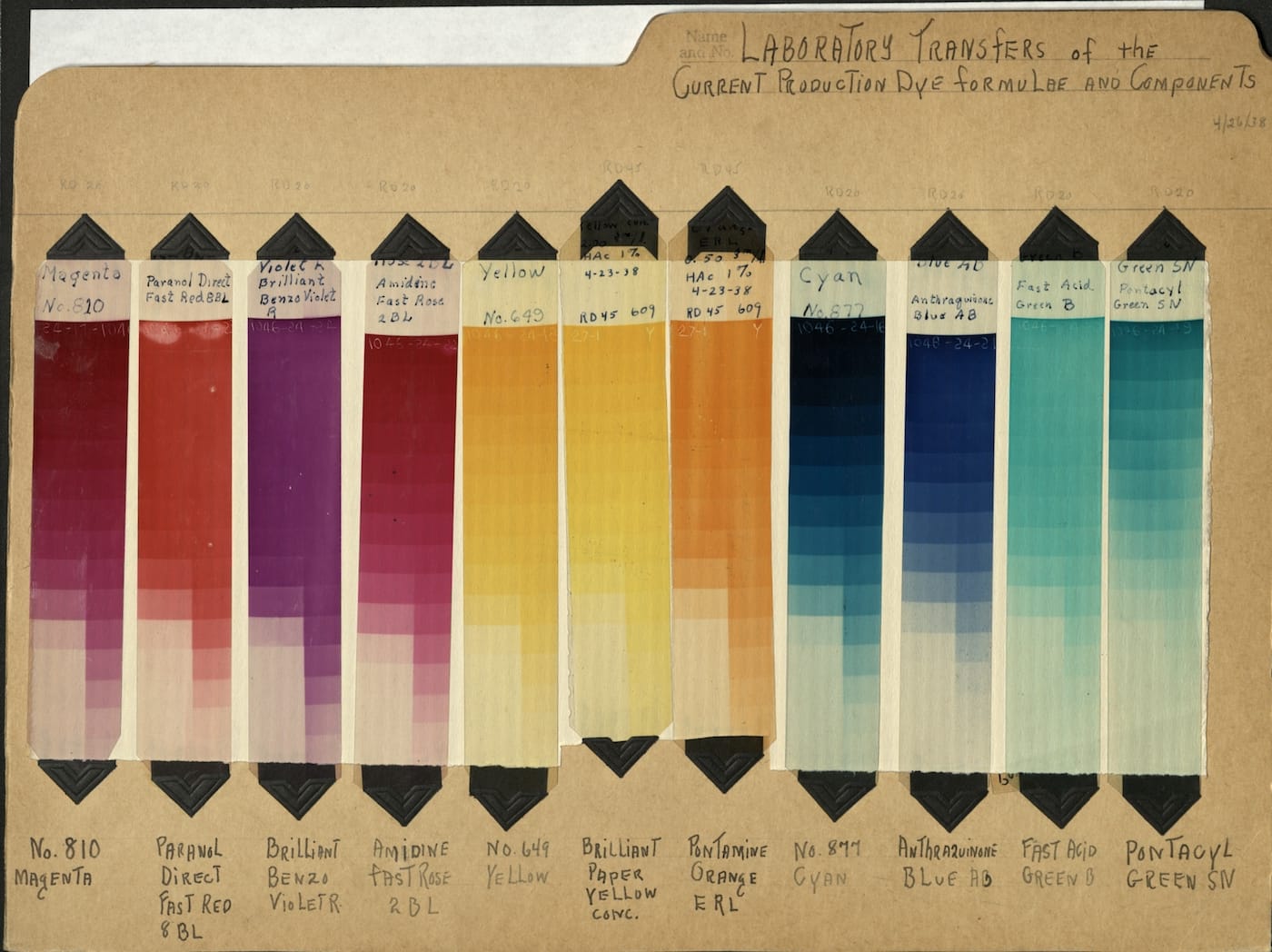 "Laboratory Transfers of the Current Production Dye Formulae and Components" (1938), 35mm (John M. Andreas Collection, courtesy George Eastman Museum)