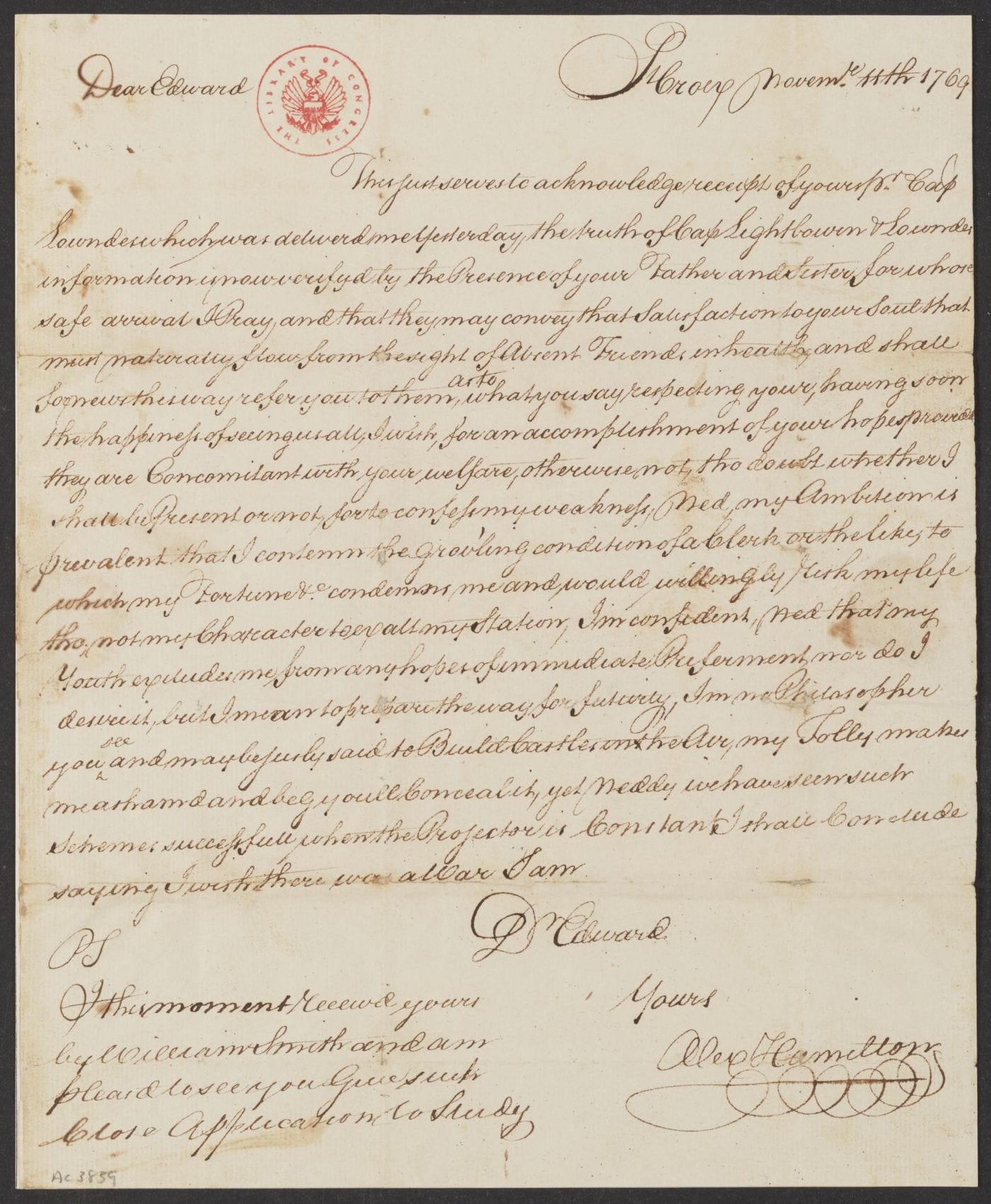 Letter from Alexander Hamilton, then a 12-year-old clerk in St. Croix, to his friend Edward Stevens (November 11, 1769), noting he would "willingly risk my life tho' not my Character to exalt my Station." (courtesy Alexander Hamilton Papers, Manuscript Division, Library of Congress)