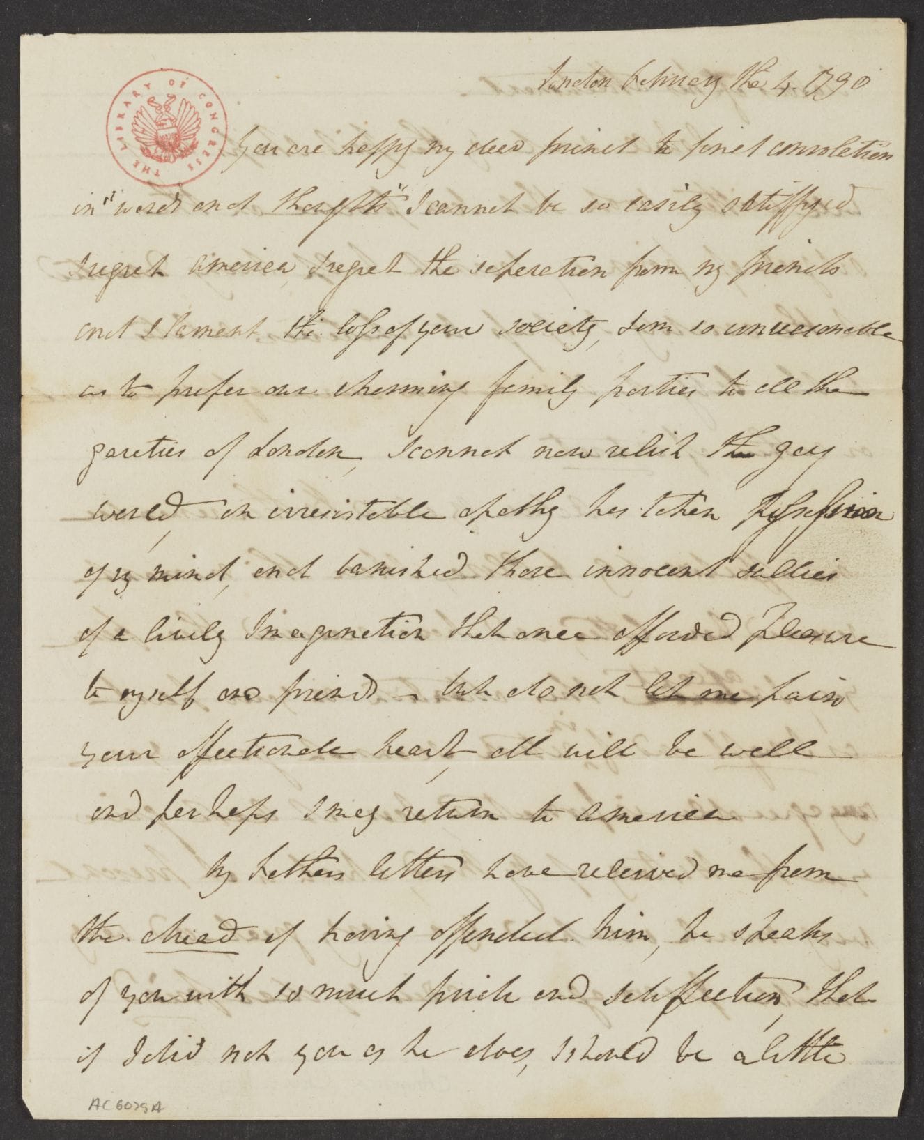 Letter from Angelica Schuyler Church to her brother-in-law Alexander Hamilton (February 4, 1790) (courtesy Alexander Hamilton Papers, Manuscript Division, Library of Congress)