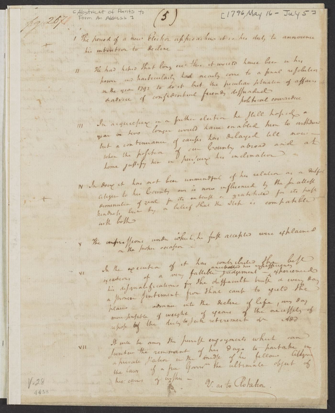 Alexander Hamilton, "Abstract of Points to Form and Address," (May 16-July 5, 1796), for George Washington's September 1796 farewell speech (courtesy Alexander Hamilton Papers, Manuscript Division, Library of Congress)