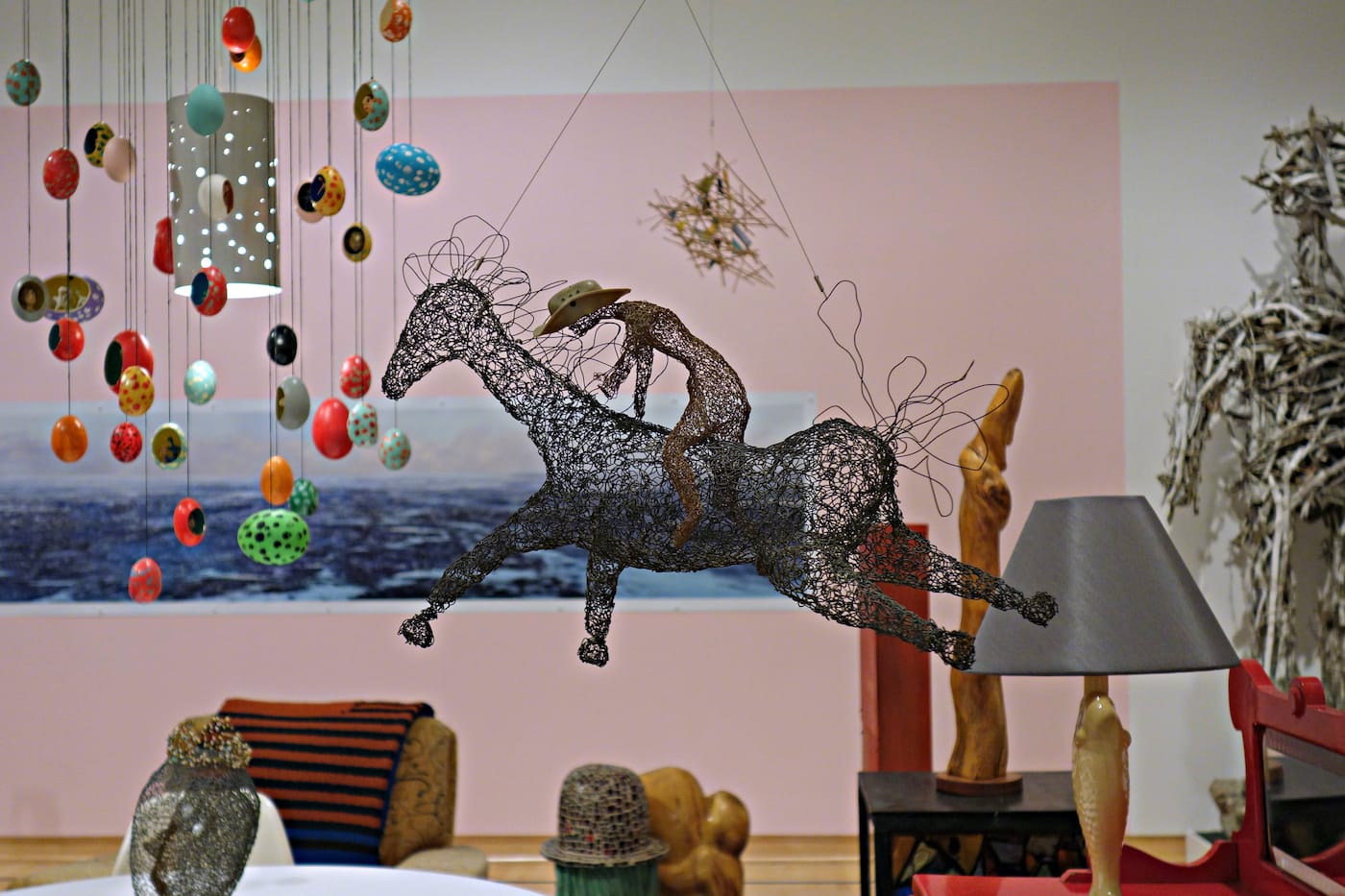 Installation view of Mary Nohl's living room in Greetings and Salutations and Boo at the John Michael Kohler Arts Center (photo by the author for Hyperallergic)