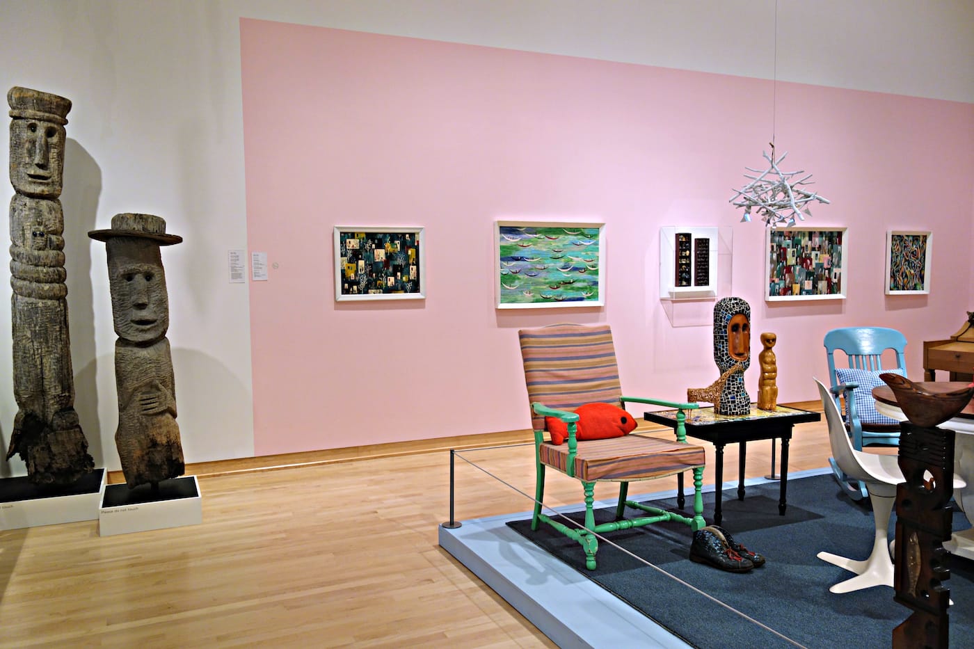 Installation view of Mary Nohl's living room in Greetings and Salutations and Boo at the John Michael Kohler Arts Center (photo by the author for Hyperallergic)