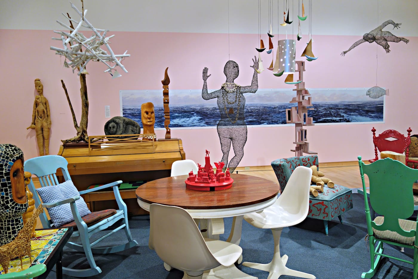 Installation view of Mary Nohl's living room in Greetings and Salutations and Boo at the John Michael Kohler Arts Center (photo by the author for Hyperallergic)