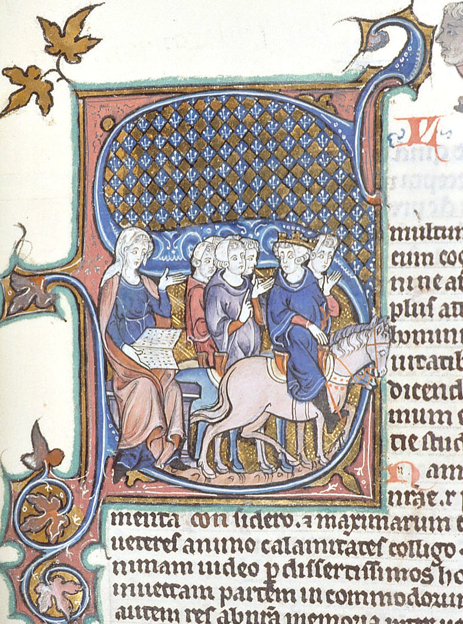 Woman with an open book and a king on horseback, illustrated in MS Burney 275, f.120 (1309-16) (via British Library)