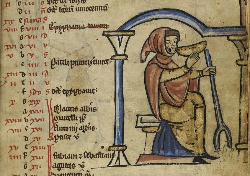 Illustration of a man drinking from a bowl in the Psalter of Lambert le Bègue (1255-65) (via British Library). The image illustrates "The Drunkard" narrative verse on the Global Medieval Sourcebook