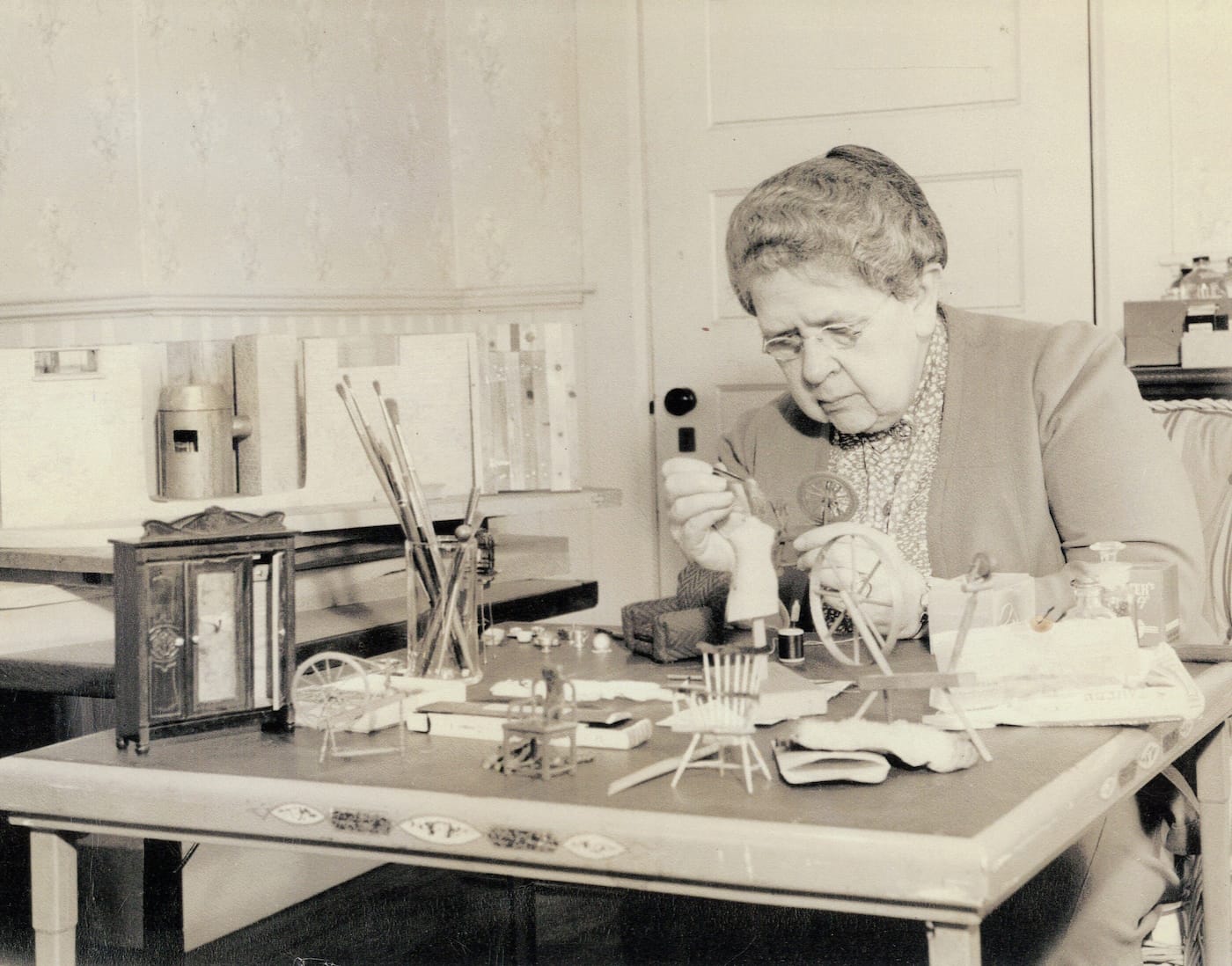Frances Glessner Lee at work on the Nutshells in the early 1940s (courtesy Glessner House Museum, Chicago)