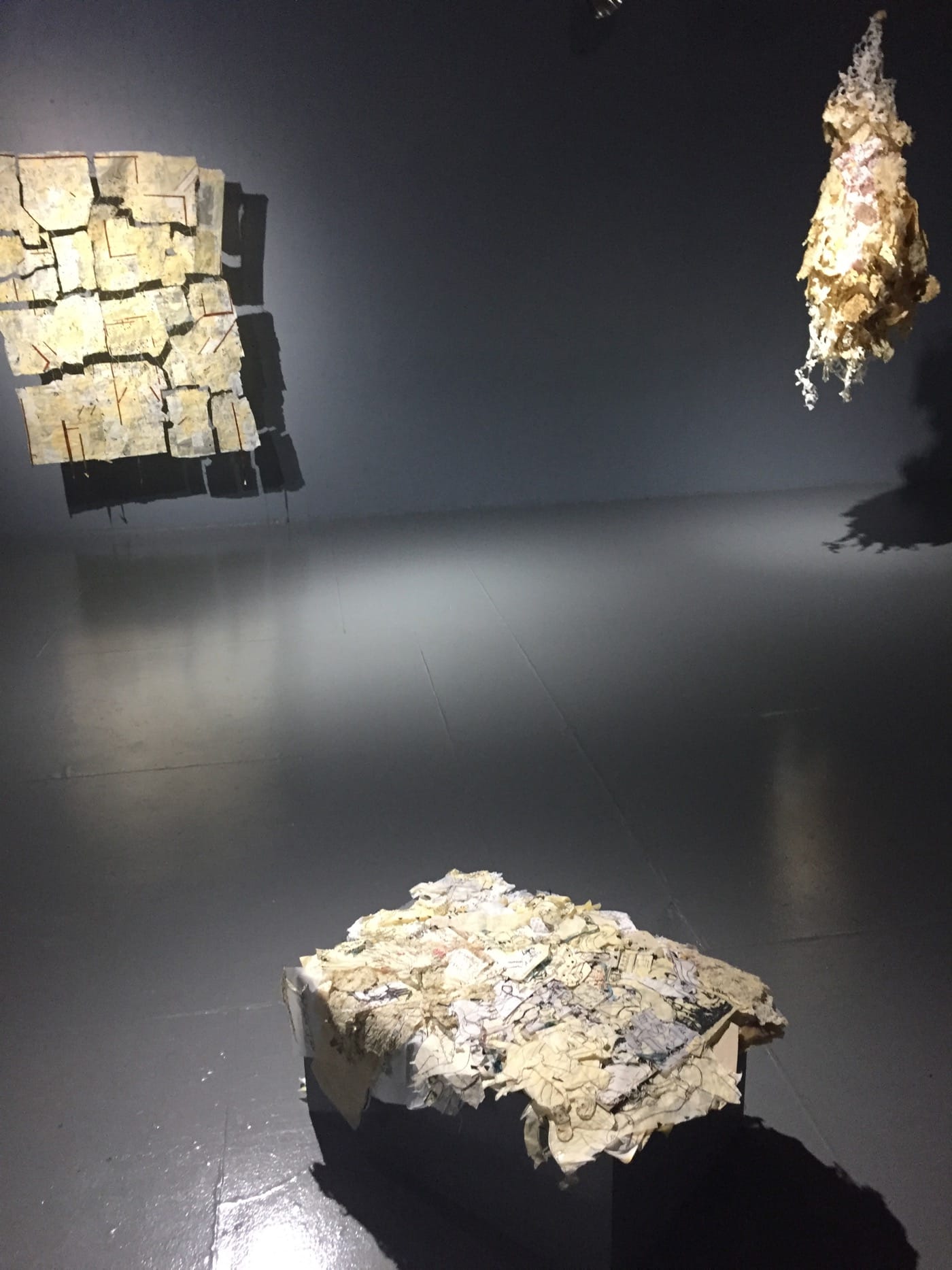 Installation view of Roya Amigh's <em> In my sleep I migrate back</em>, with "Silent diary" (2013–17, center) thread, paper and dandelions, 17 x 11 x 25 in