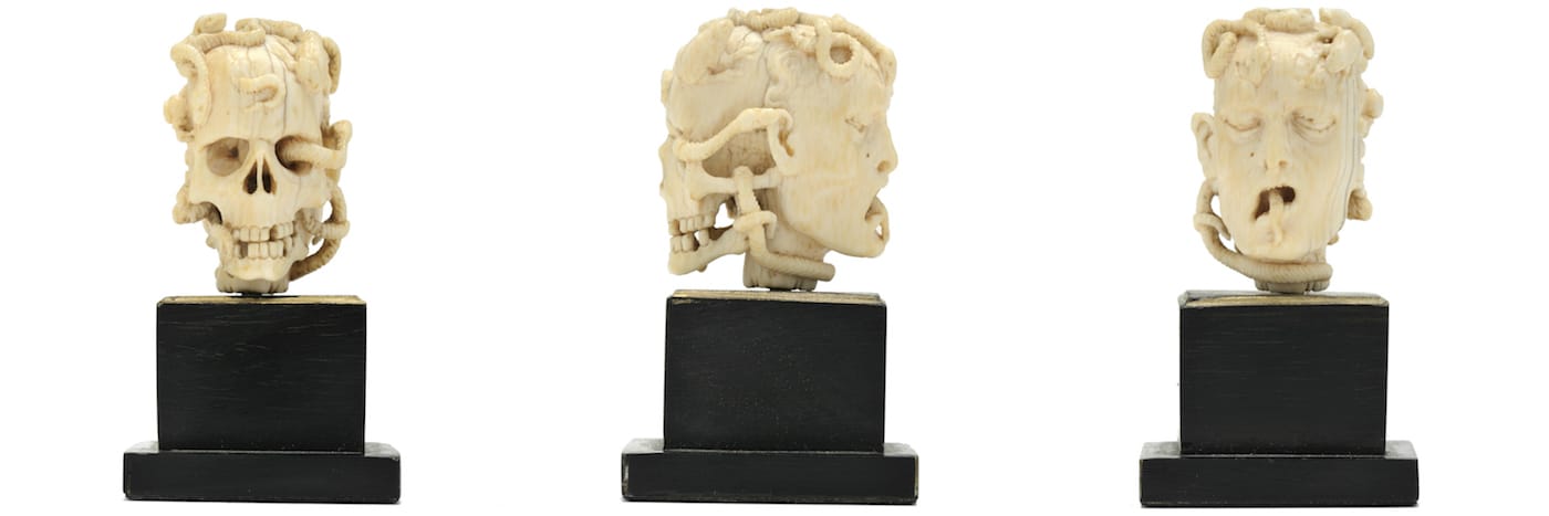 Unknown Artist, Memento Mori PrayerBead (German/Netherlandish, 1500-1550), ivory (Gift of Linda and David Roth in memory of David P. Becker, courtesy Bowdoin College Museum of Art)