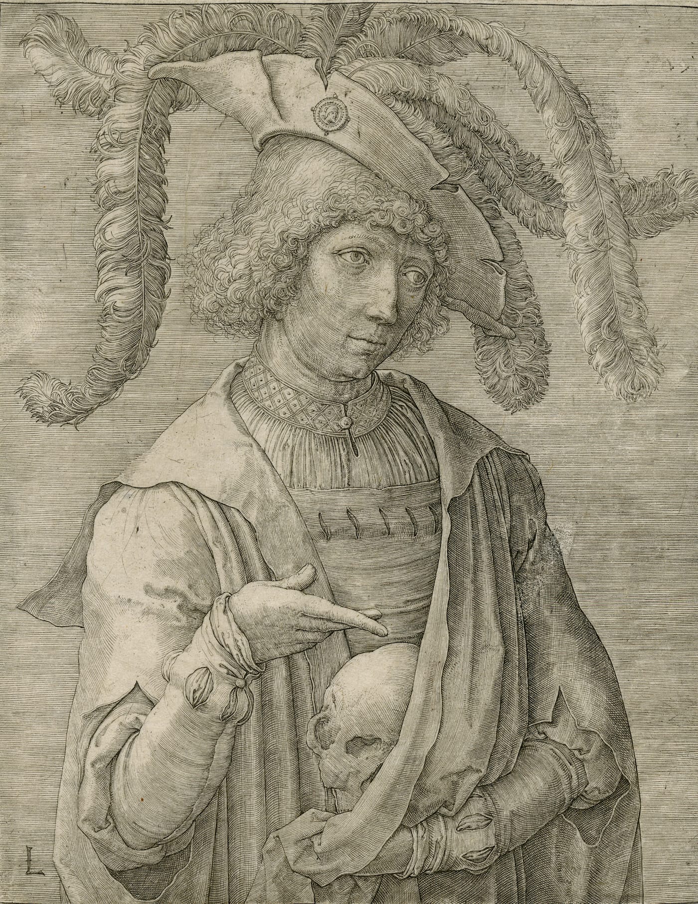 Lucas van Leyden, "Young Man with a Skull" (Netherlandish, 1519), engraving (Gift of Charles Pendexter, courtesy Bowdoin College Museum of Art)