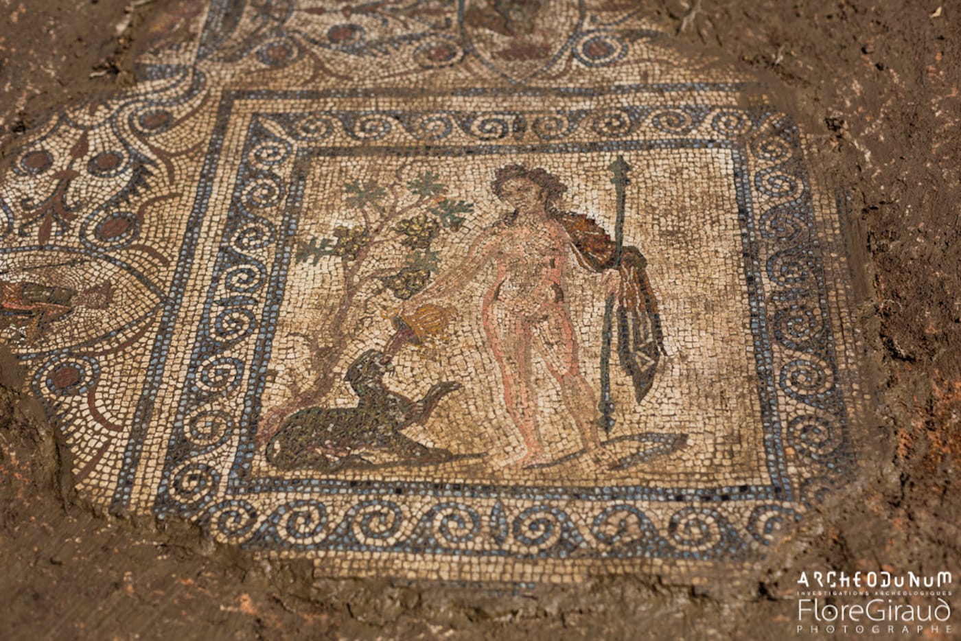 Detail of a mosaic at the archaeological dig site in Vienne (photo by Flore Giraud, courtesy Archeodunum)