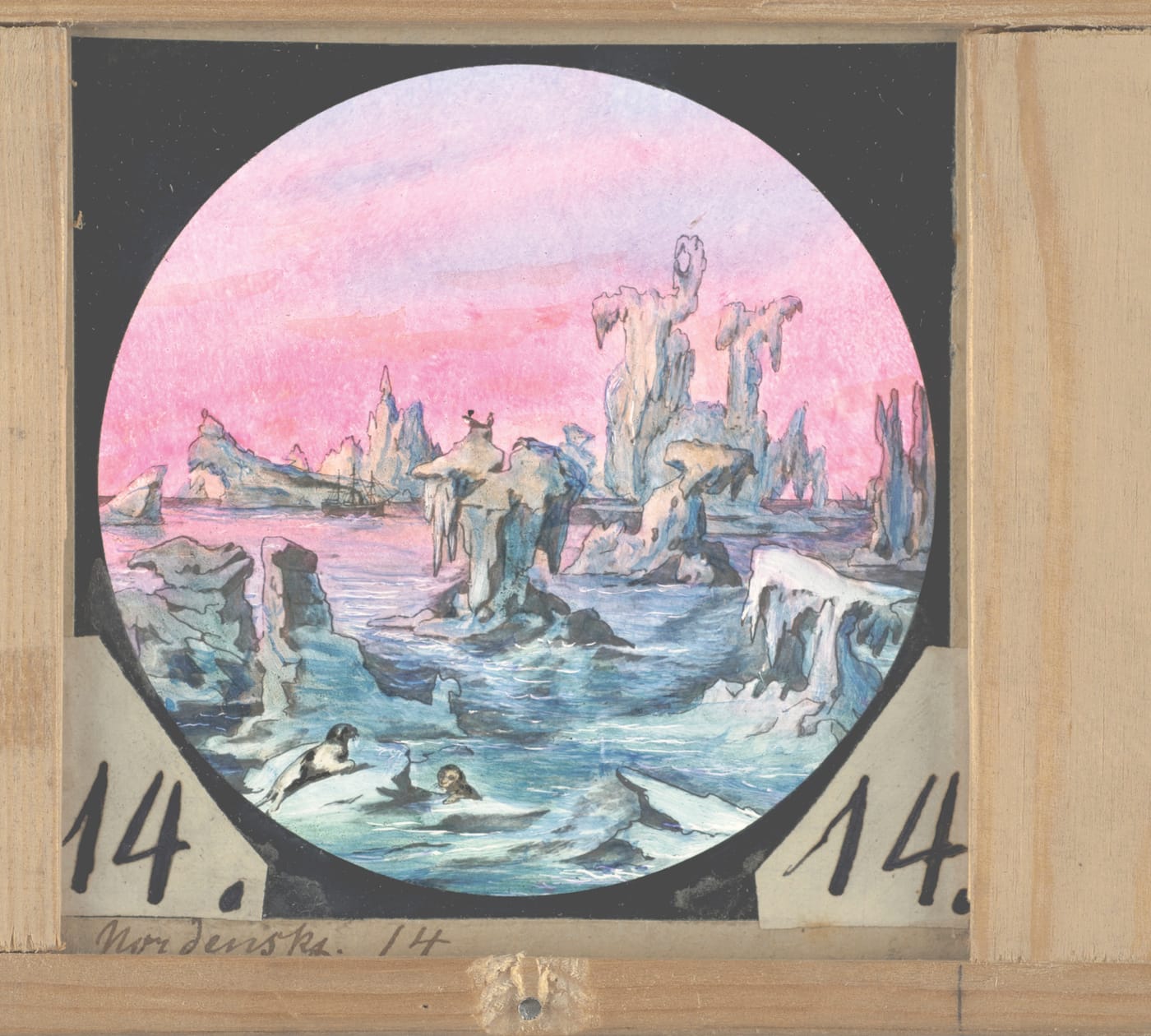 One of a series of 15 magic lantern illustrations, showing the Vega expedition (1878-80), the first arctic expedition that sailed all the way through the Northeast Passage. The probably German illustrator, whose name is unknown, mapped and illustrated Adolf Erik Nordenskjöld's expedition in all its adventurous and dramatic stages (courtesy the Royal Library in Stockholm)