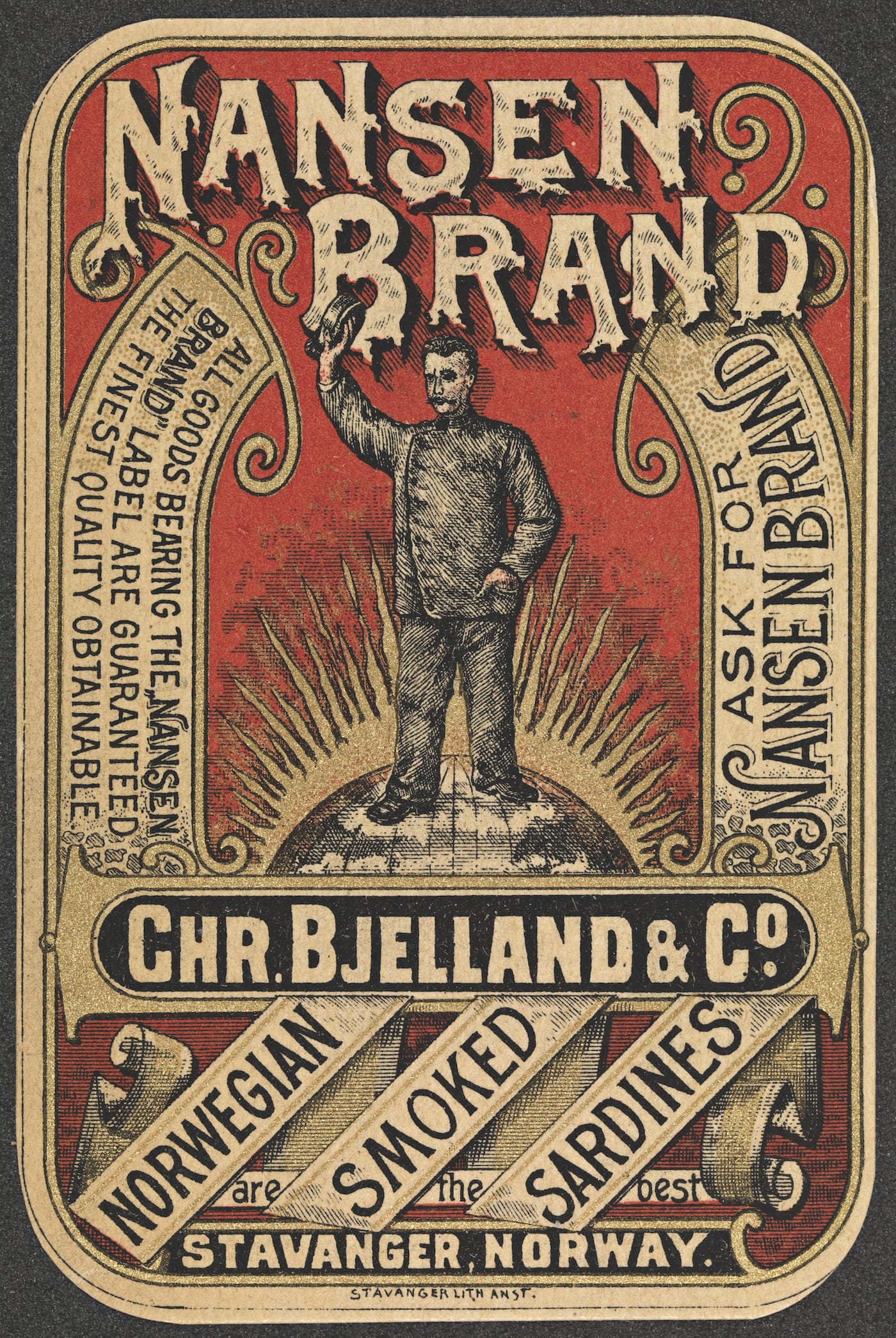 Illustration of the great polar explorer Fridtjof Nansen, who stands on top of the world (on the North Pole) on a sardine box from 1896 (courtesy the National Library in Oslo)