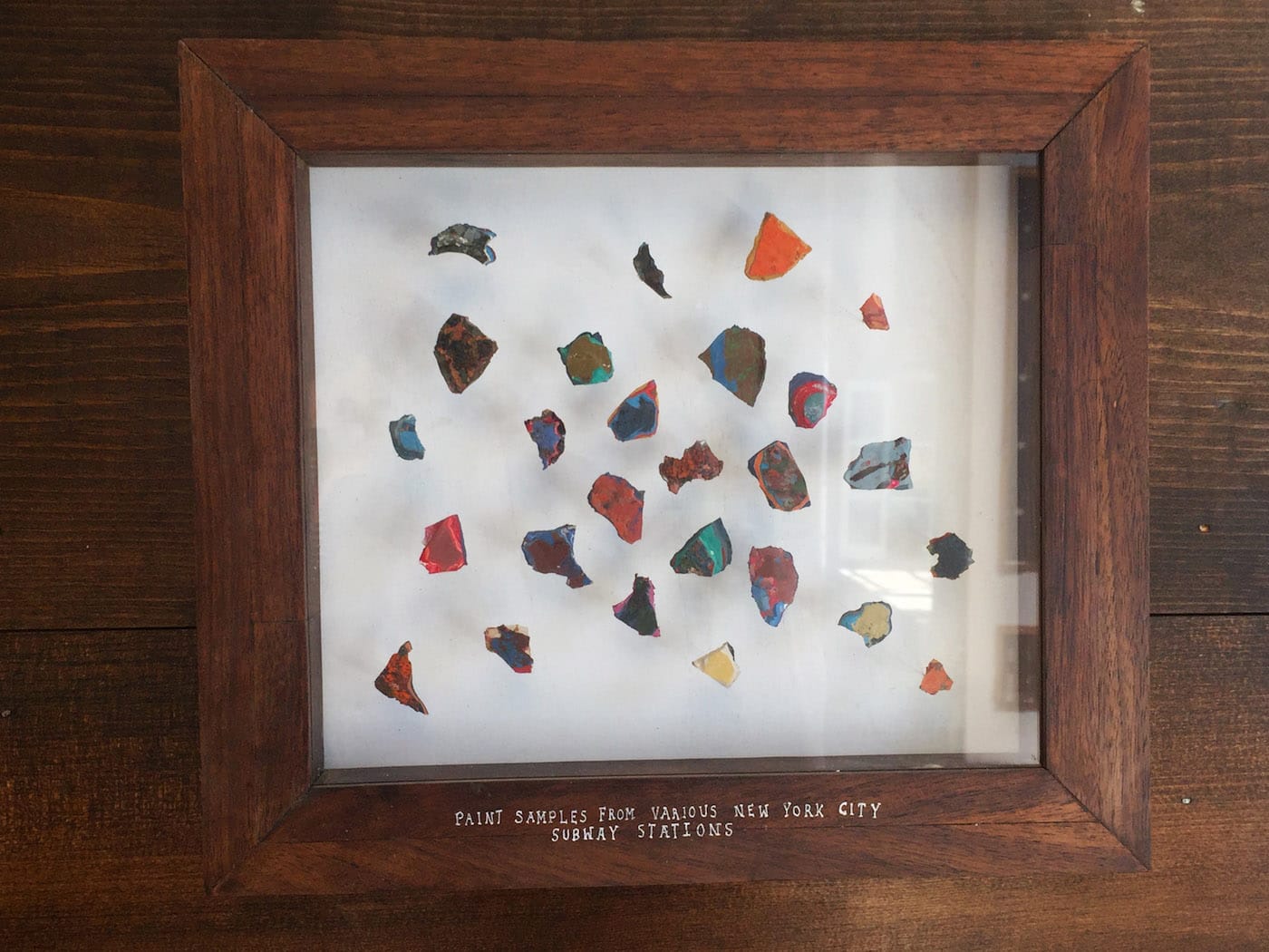 One of Jackie Mock's collections of subway paint chips at 853 Onderdonk Avenue (photo Elisa Wouk Almino/Hyperallergic)