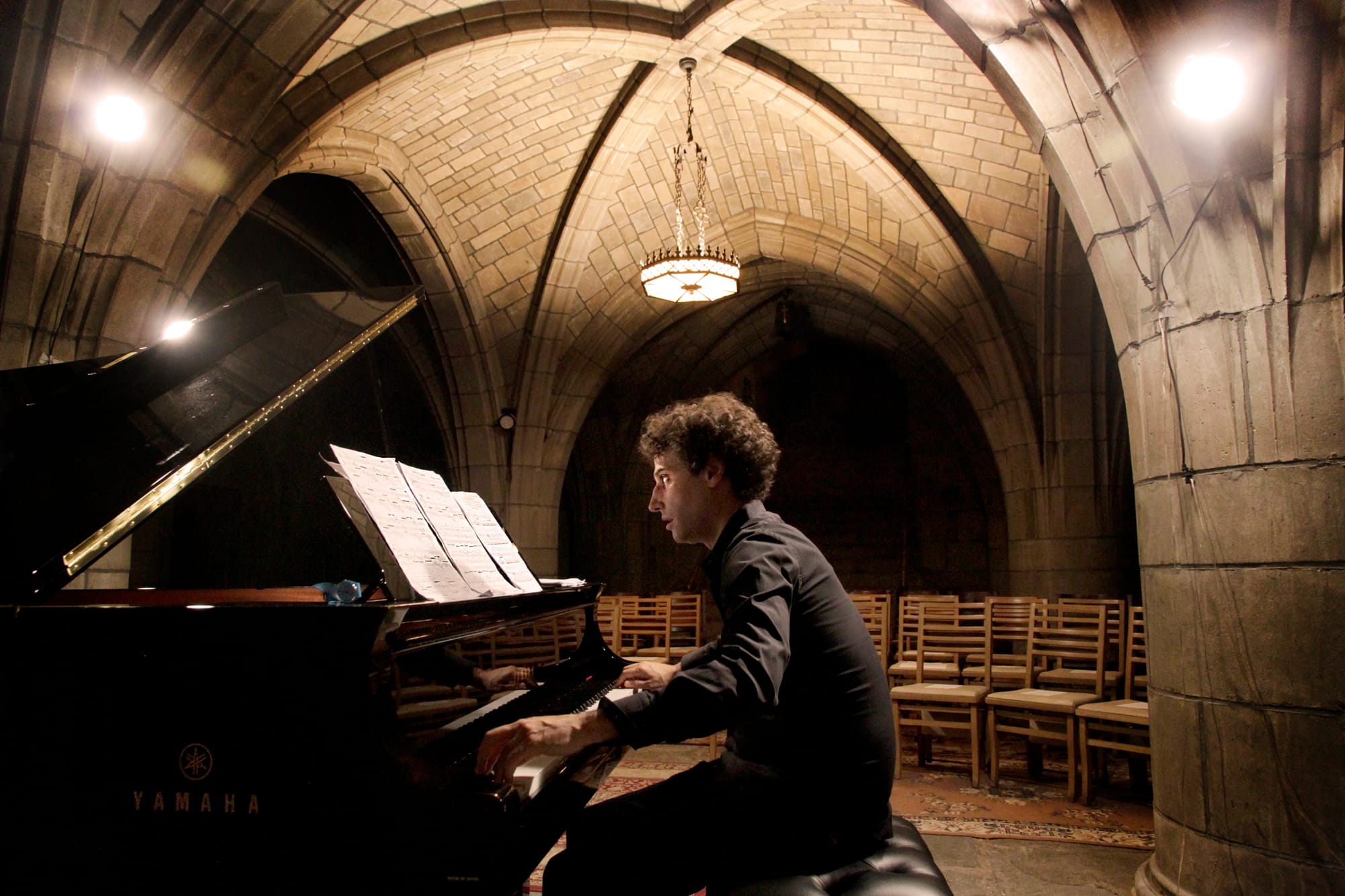 Pianist David Greilsammer rehearsing for Crypt Sessions (photo by Andrew Ousley)
