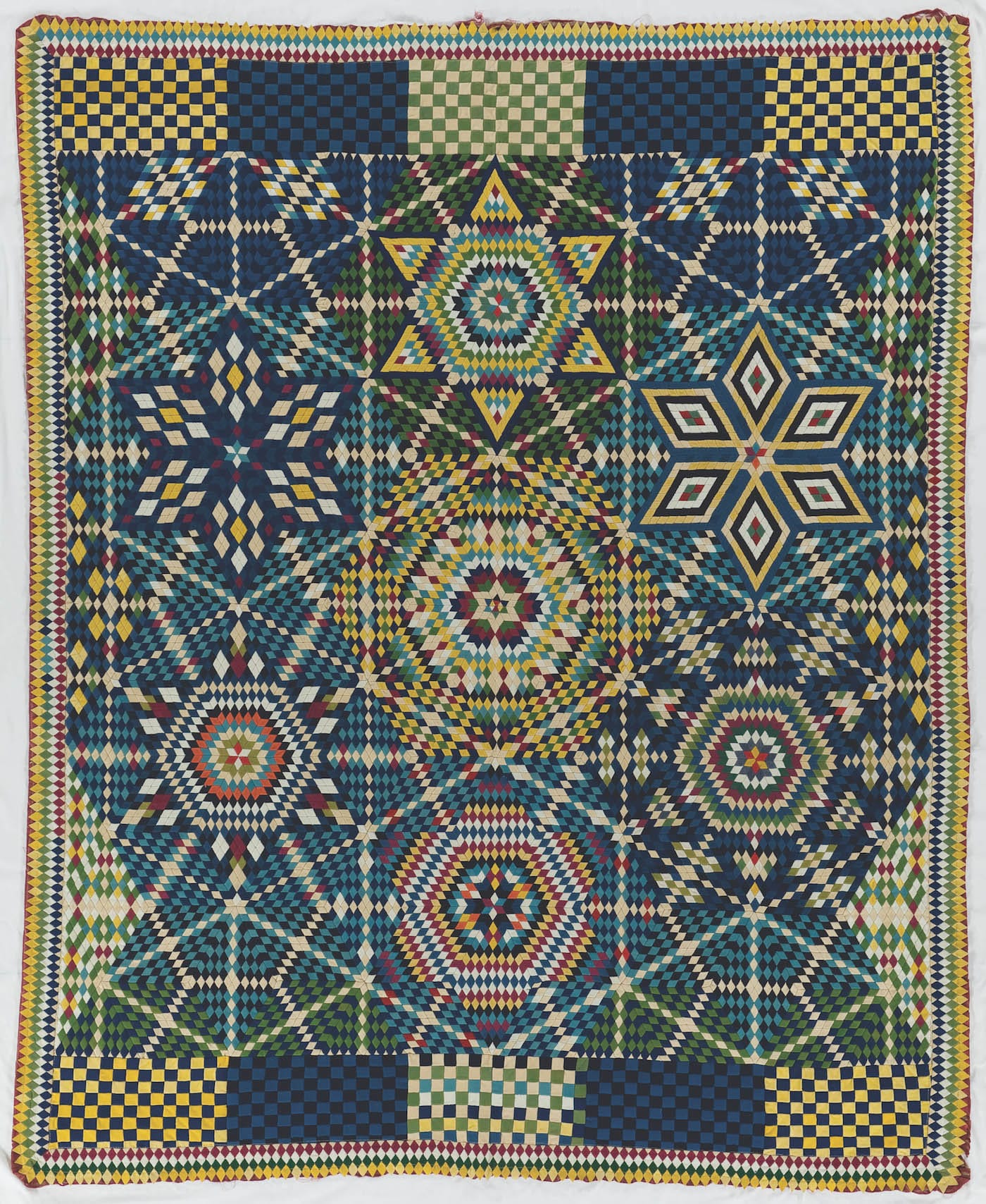 Artist unidentified, Soldier’s Mosaic Stars Quilt (Found in Germantown, Pennsylvania, late 19th century), wool, 77 1/4 x 62 3/4 inches (Collection International Quilt Study Center & Museum, University of Nebraska-Lincoln)
