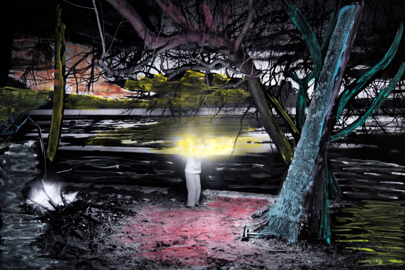 Sanne De Wilde, " A Pingelapese child is playing with fire. On the island they burn all the trash. At the same time, holding and moving around a burning branch is good to keep the mosquitos away. An achromatopic picture-painting, filled in with watercolorpaint by someone with achromatopic vision." (© Sanne De Wilde)