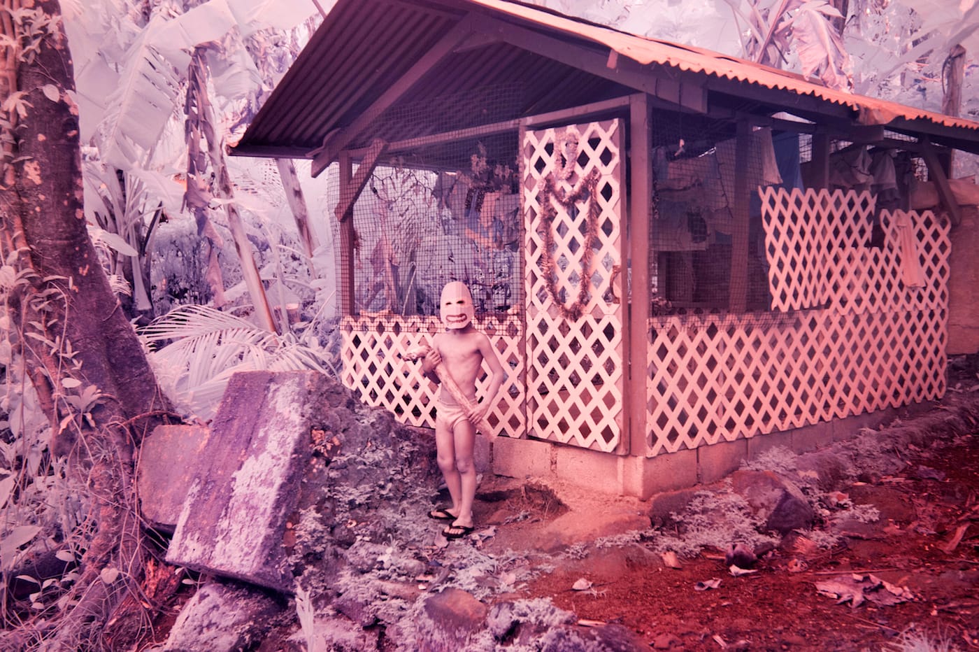 Sanne De Wilde, "Jaynard (achromatope) is playing in the garden with the branch of a banana tree that had to be cut down. He’s wearing the mask I made for him for Halloween. He loved it so he kept putting it on the days after." (© Sanne De Wilde)