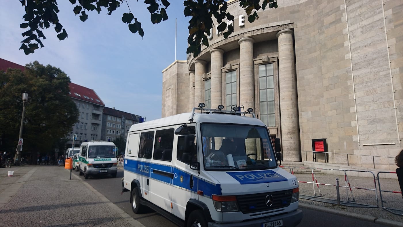 Police vans outside the Volksbühne theater (photo by and courtesy Katrin Riedel)