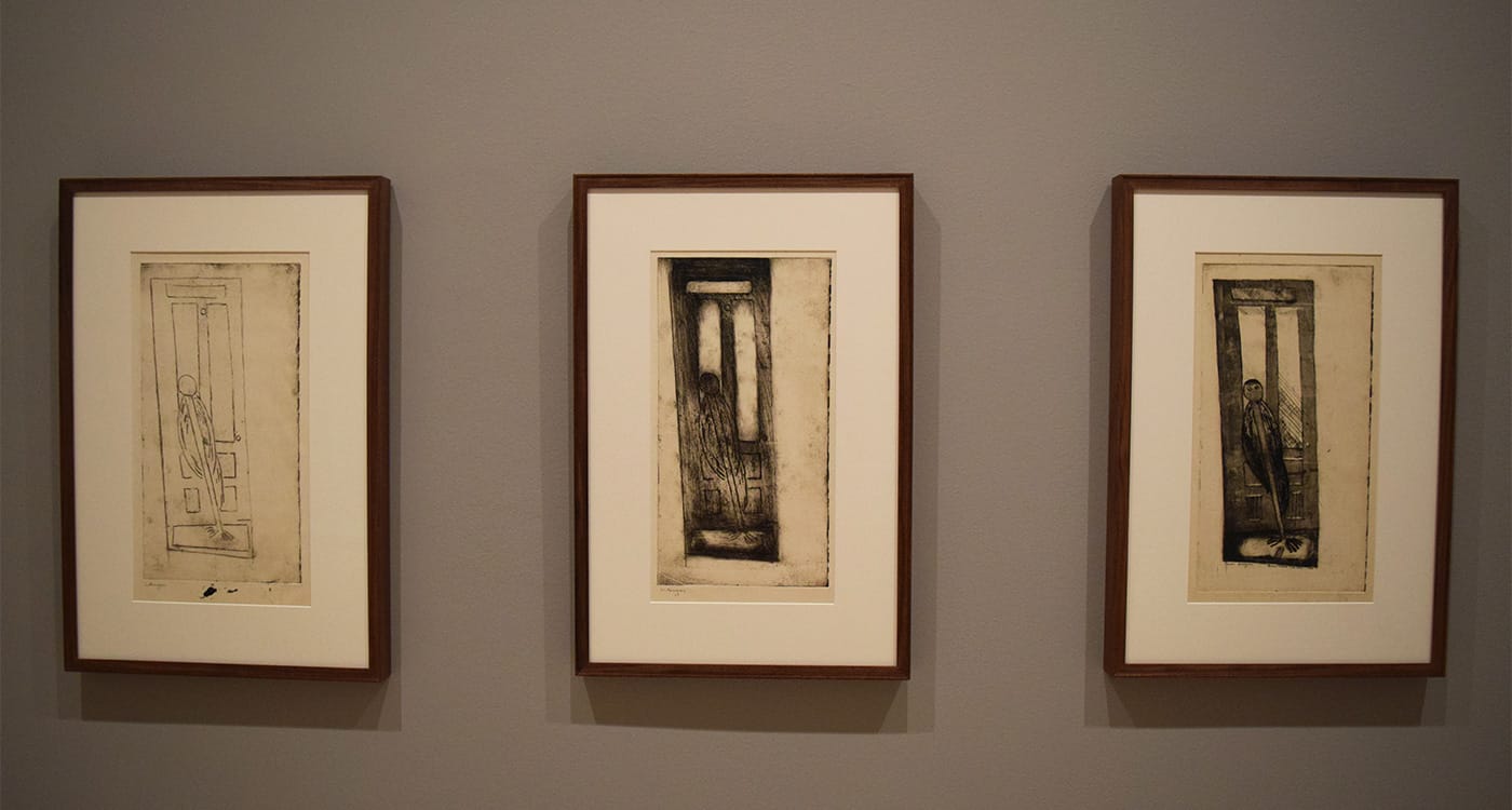 Louise Bourgeois, three prints called "Thompson Street" (ca 1946–48), with at left a soft ground etching, at center a soft ground etching and monotype with selective wiping, and at right a soft ground etching, engraving, and monotype, with selective wiping