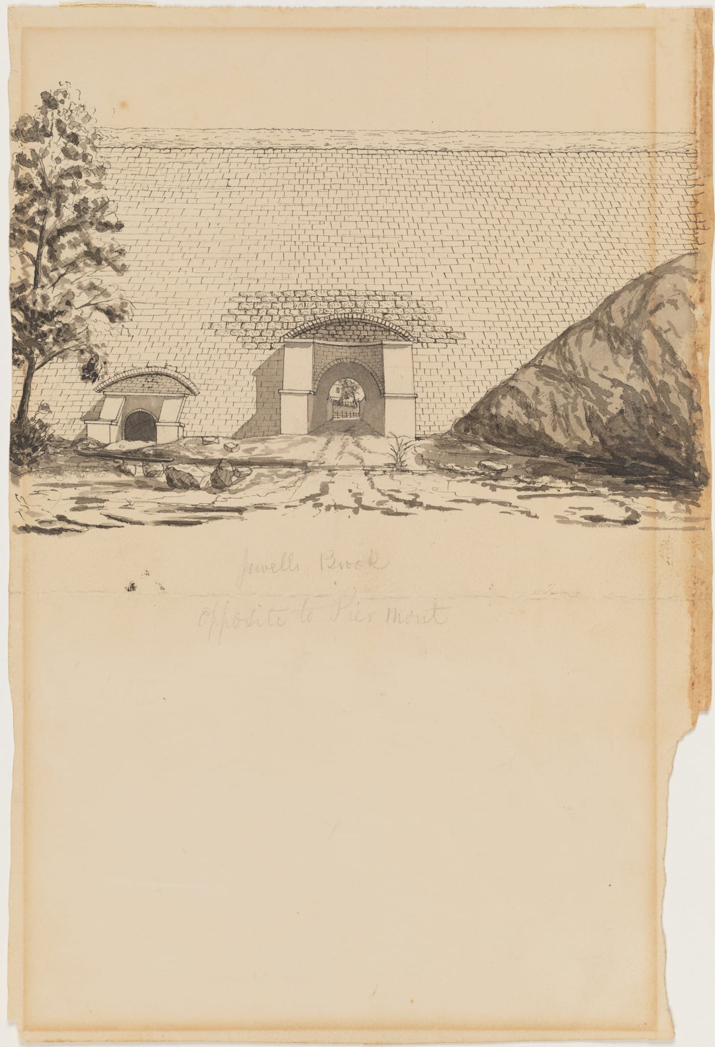 Fayette B. Tower, "Jewell’s Brook – Opposite to Piermont" (1842), pen and wash on paper (courtesy Museum of the City of New York, gift of Helen Tower Wilson)
